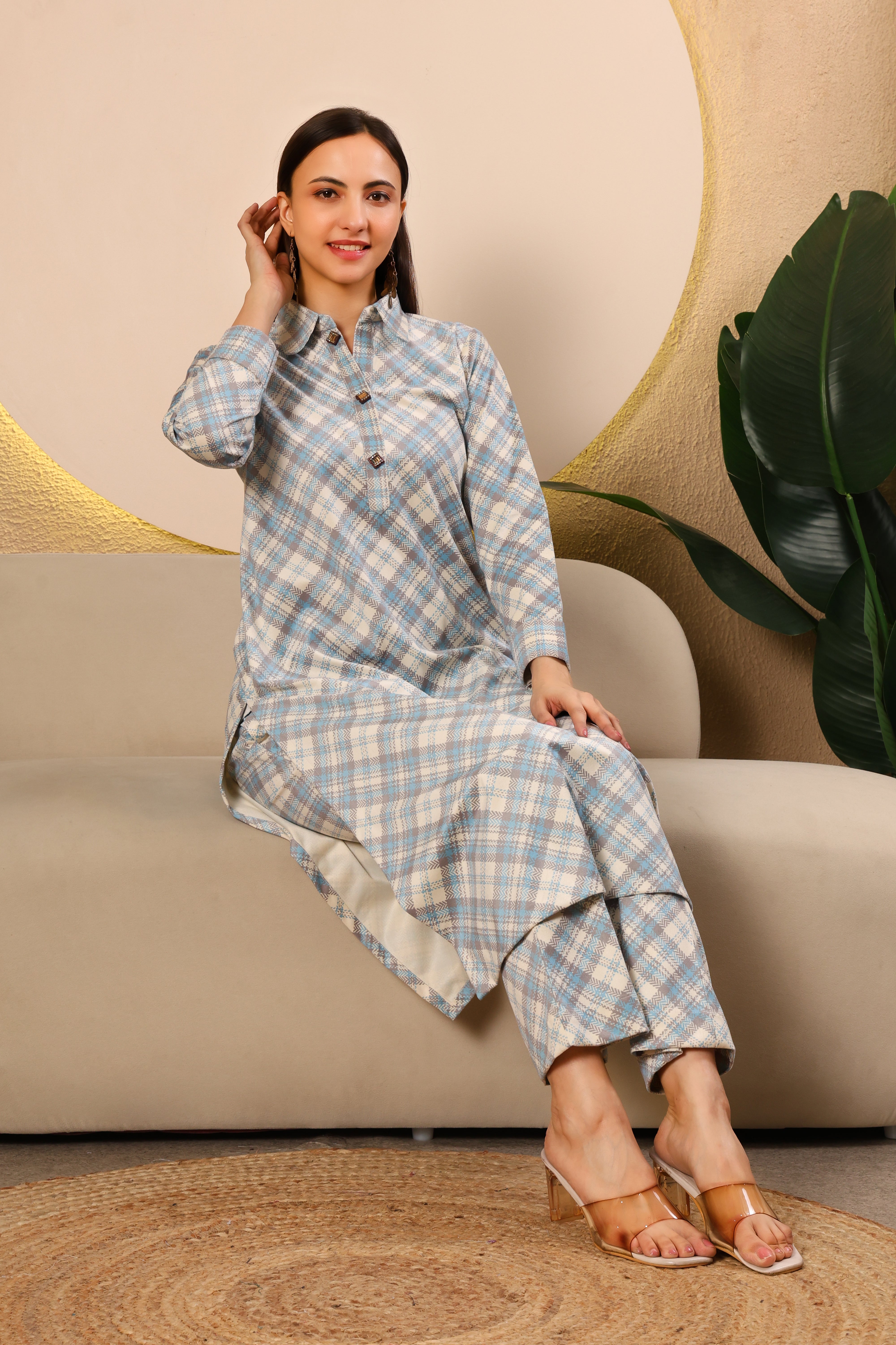 Pastel Blue Checked Cotrise Kurta Set