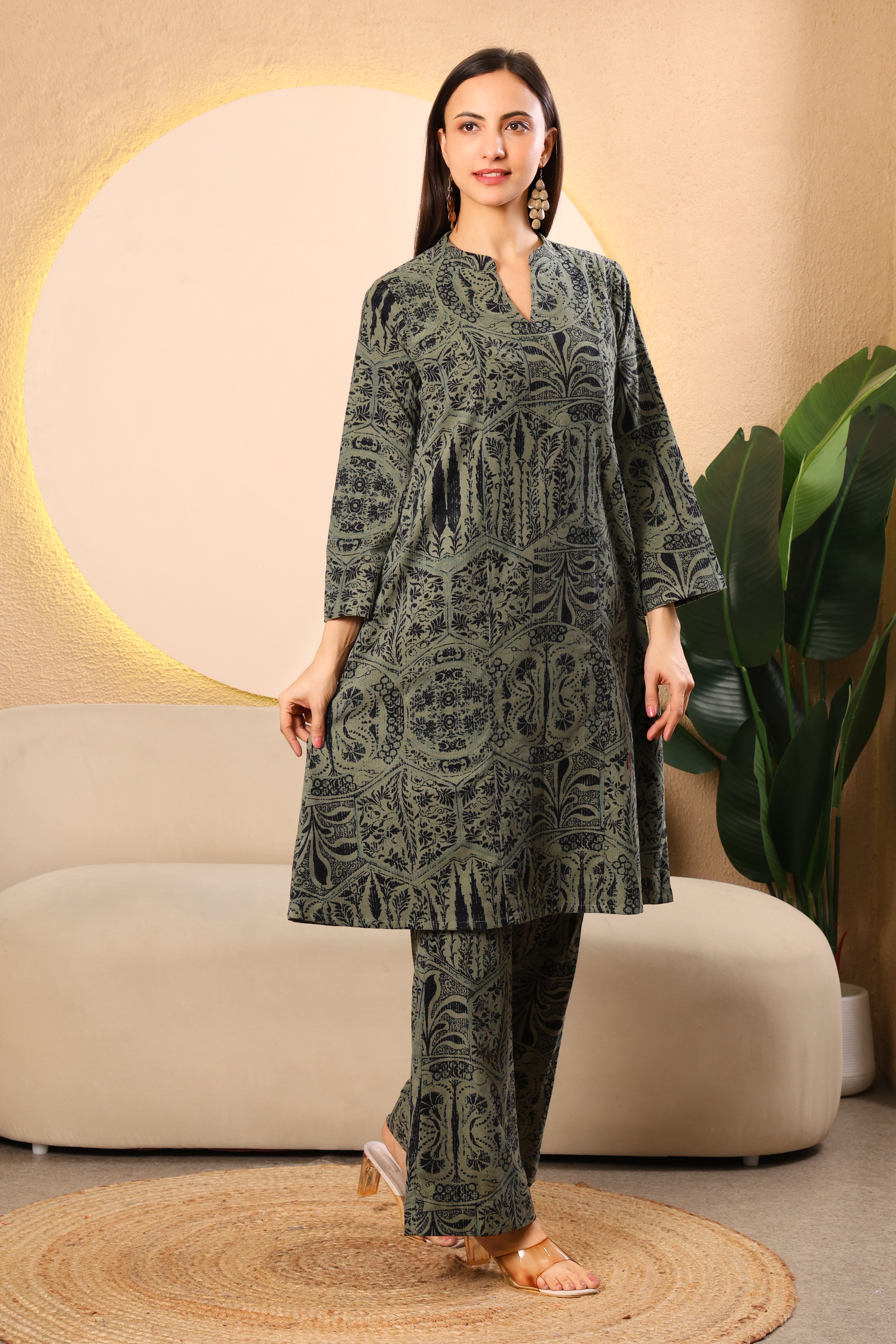 Olive Green Printed Cotrise Kurta Set