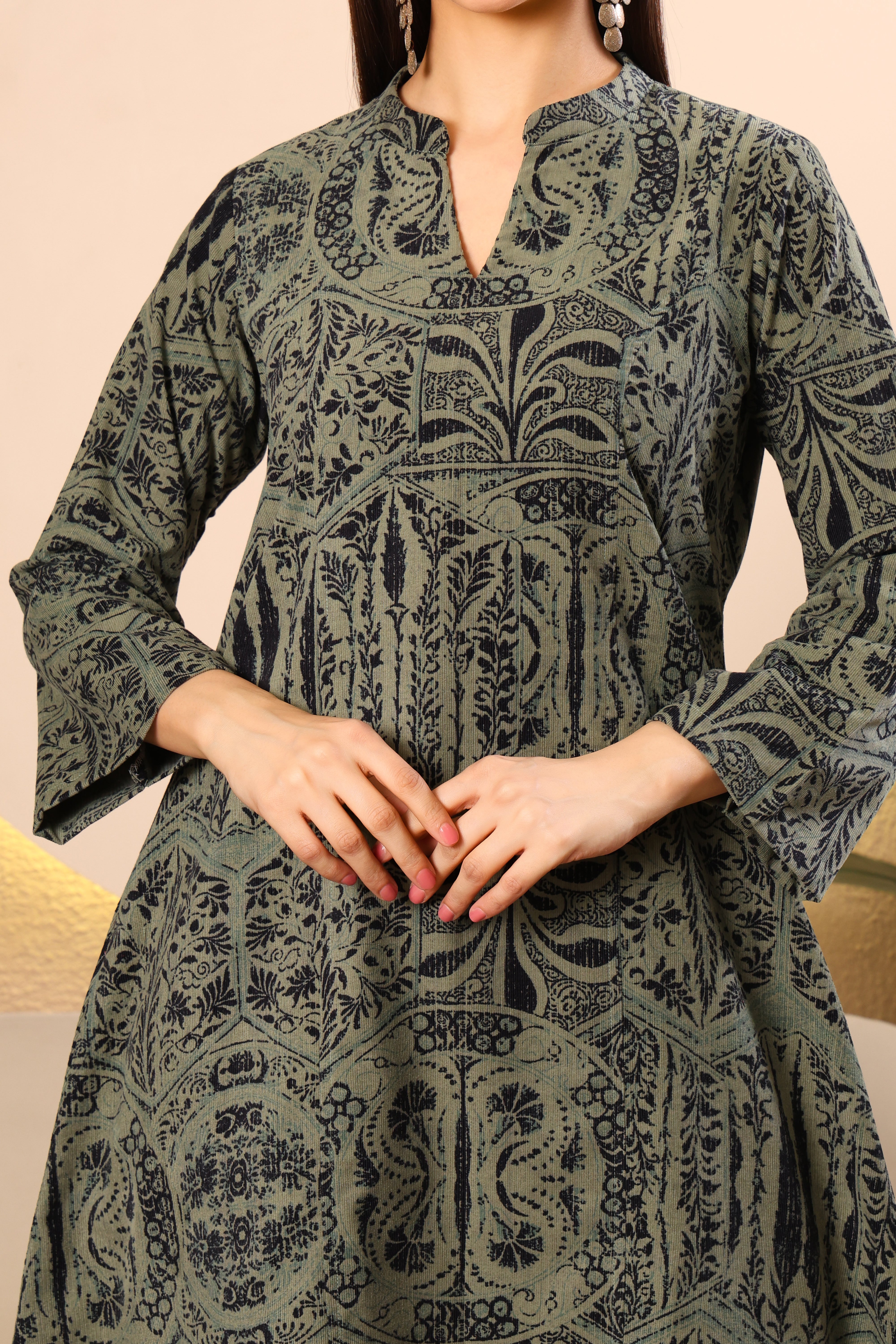 Olive Green Printed Cotrise Kurta Set