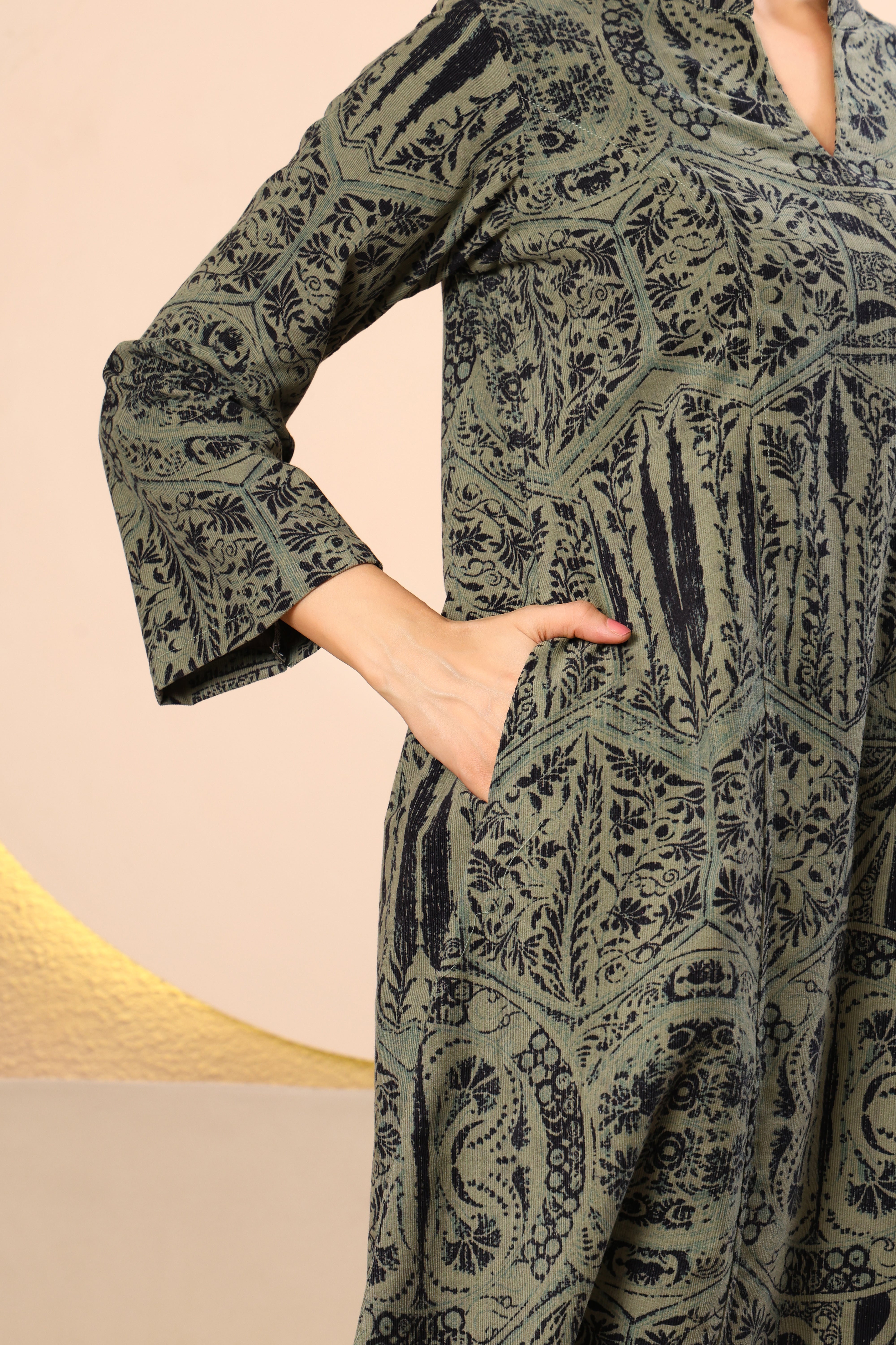 Olive Green Printed Cotrise Kurta Set