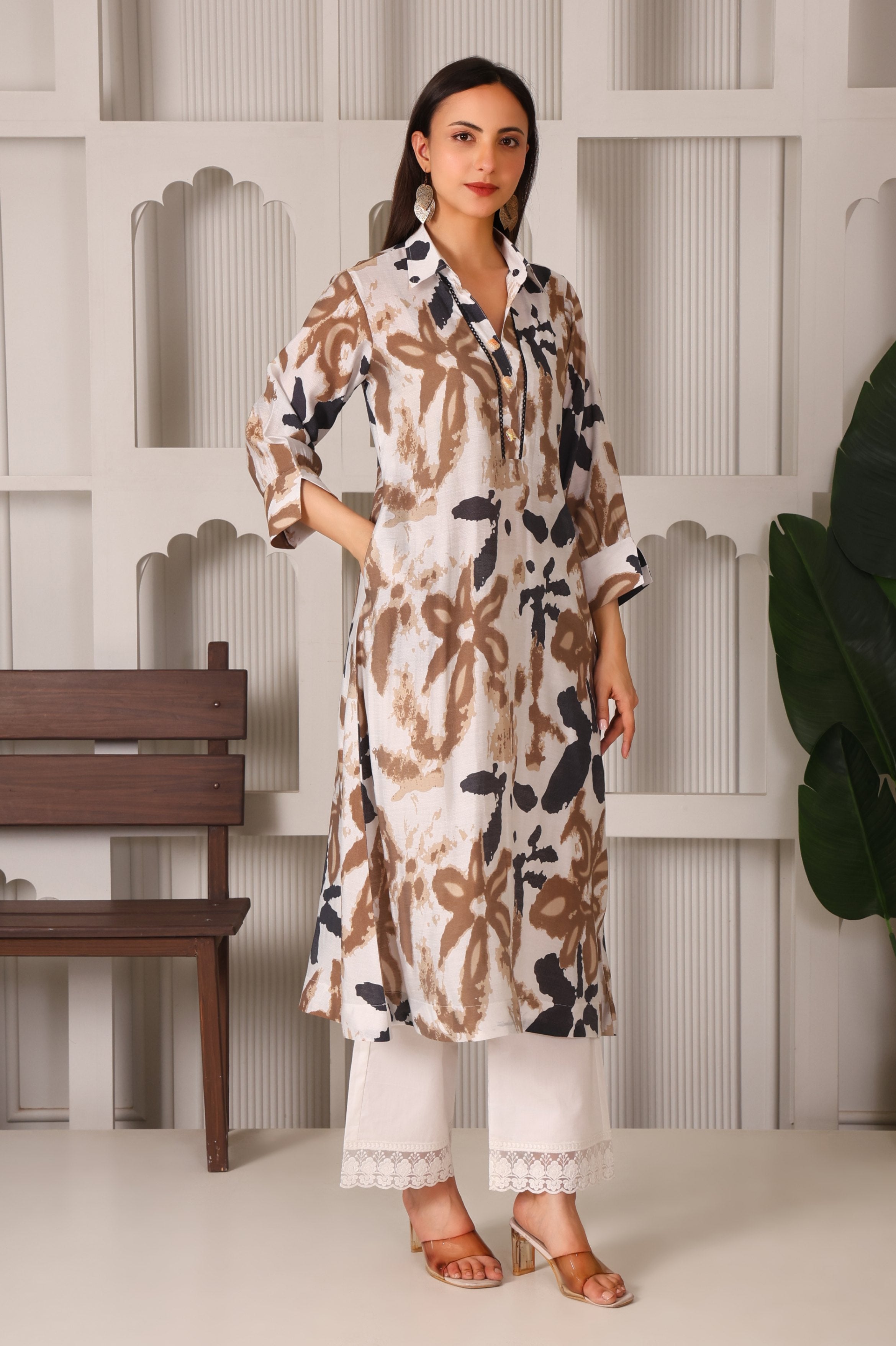 Chic Cotton Linen Shirt Collar Kurta Set