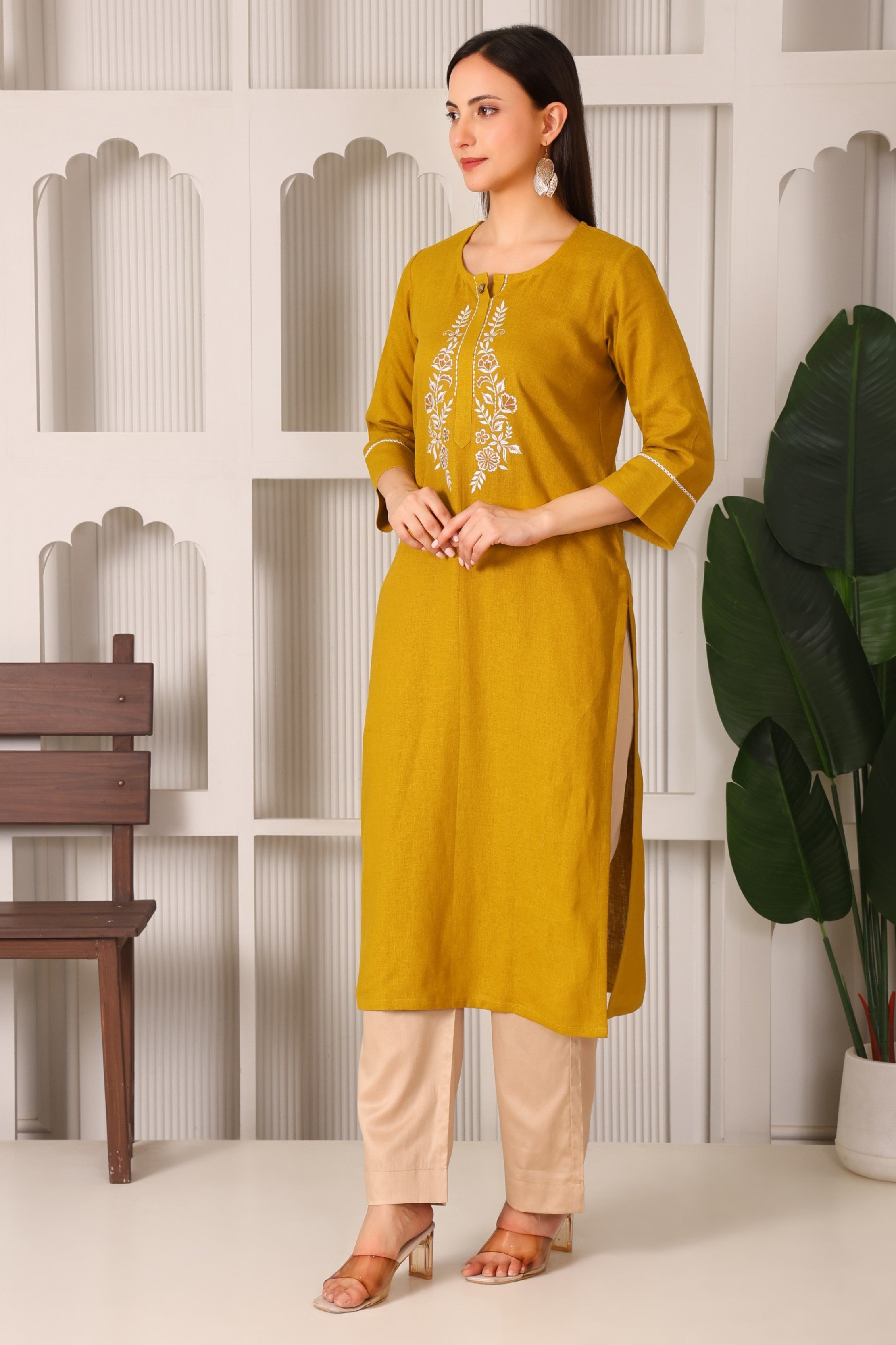 Classic Charm Linen Straight Kurta Set with Embroidery