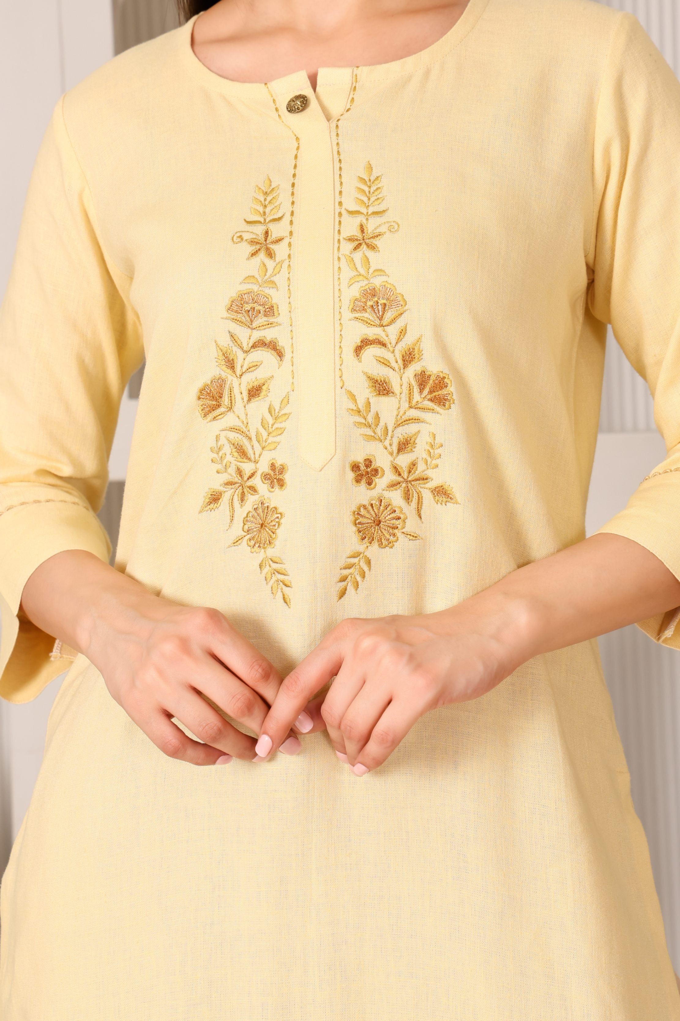 Linen Front Embroidery Kurta Set