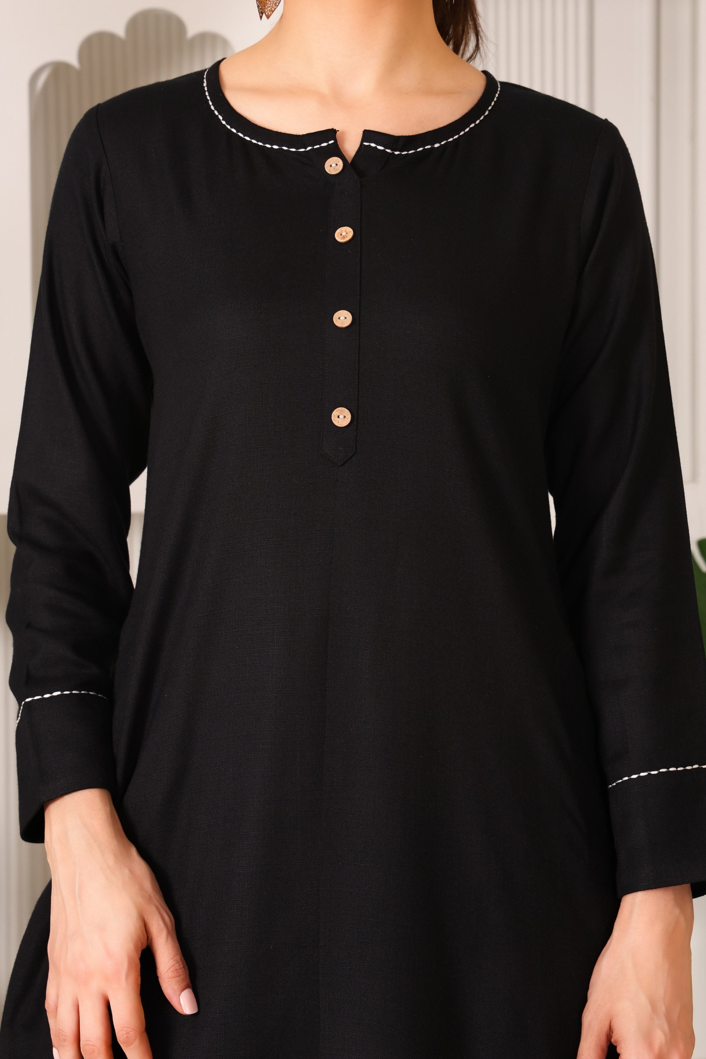 Linen A-Line Kurta Set with Back Embroidery
