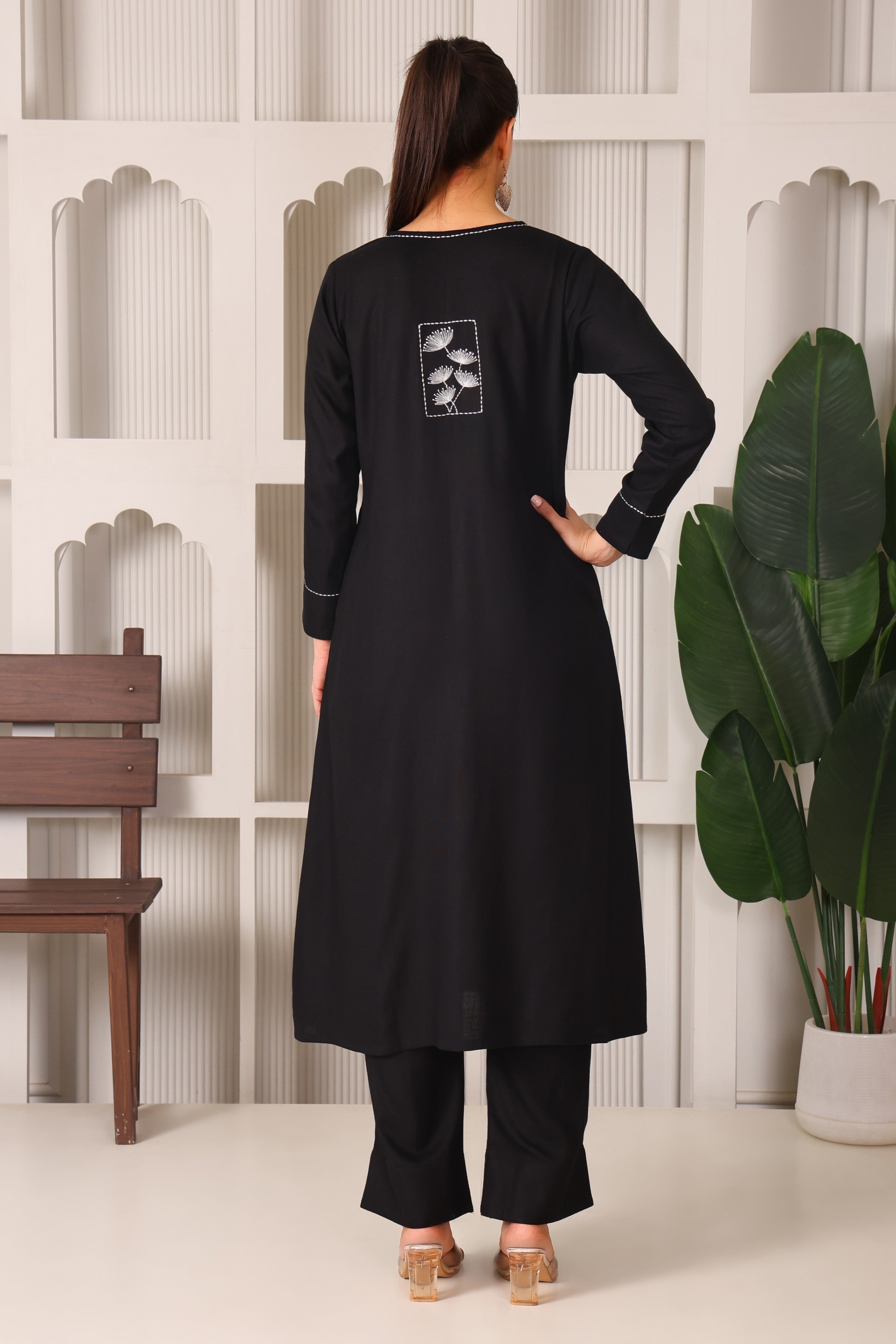 Linen A-Line Kurta Set with Back Embroidery