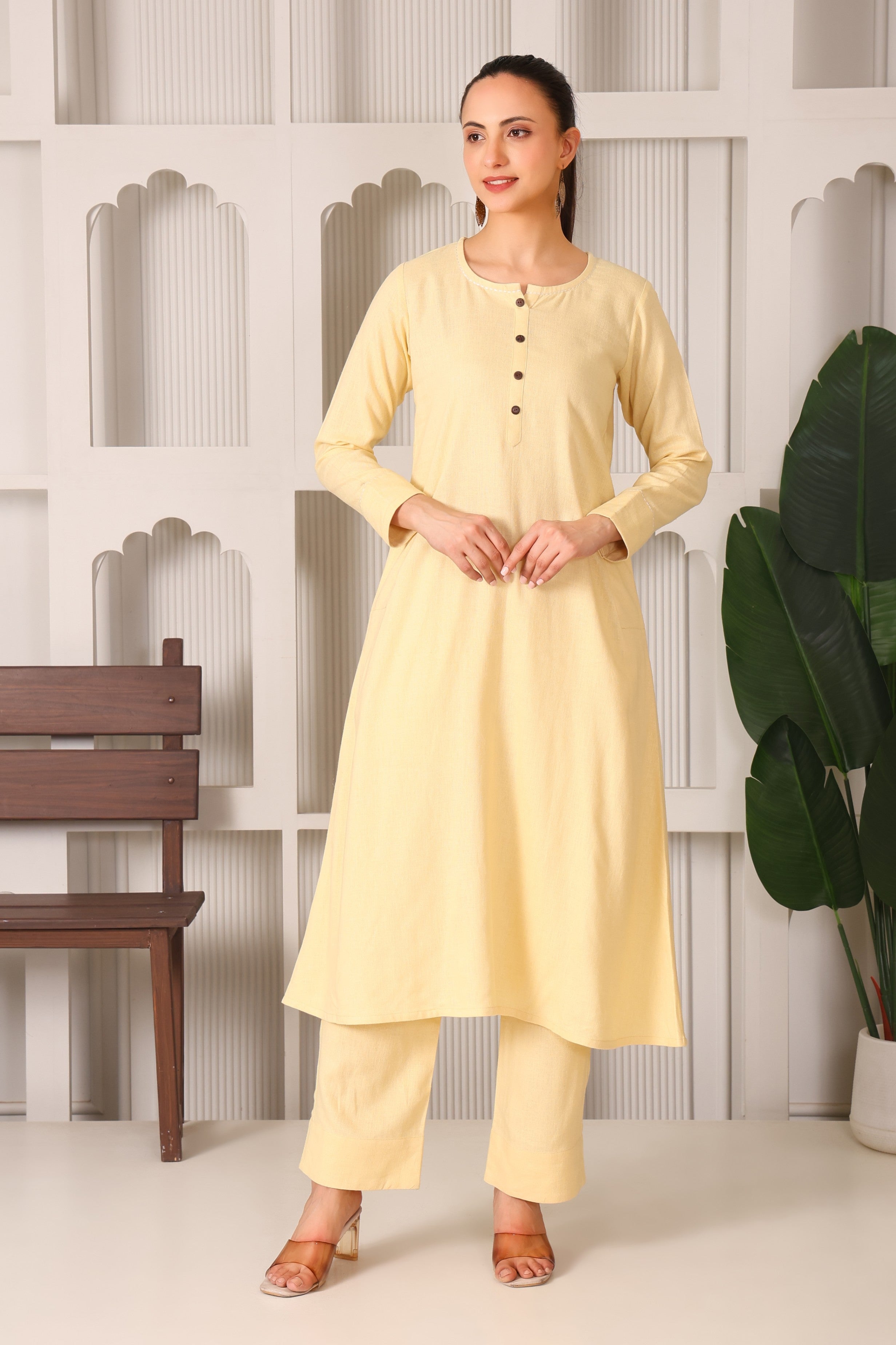 Linen A-Line Kurta Set with Back Embroidery