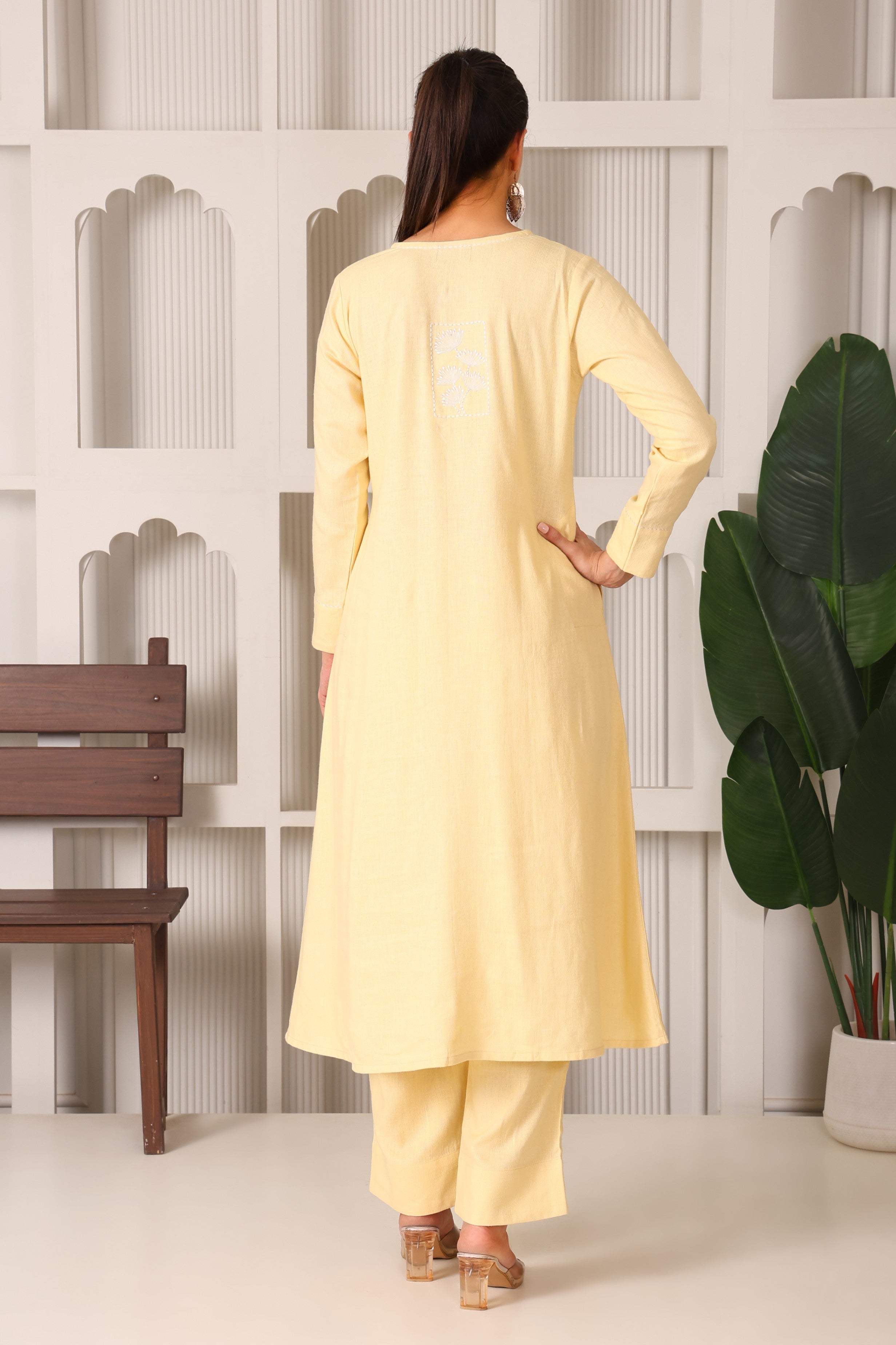 Linen A-Line Kurta Set with Back Embroidery