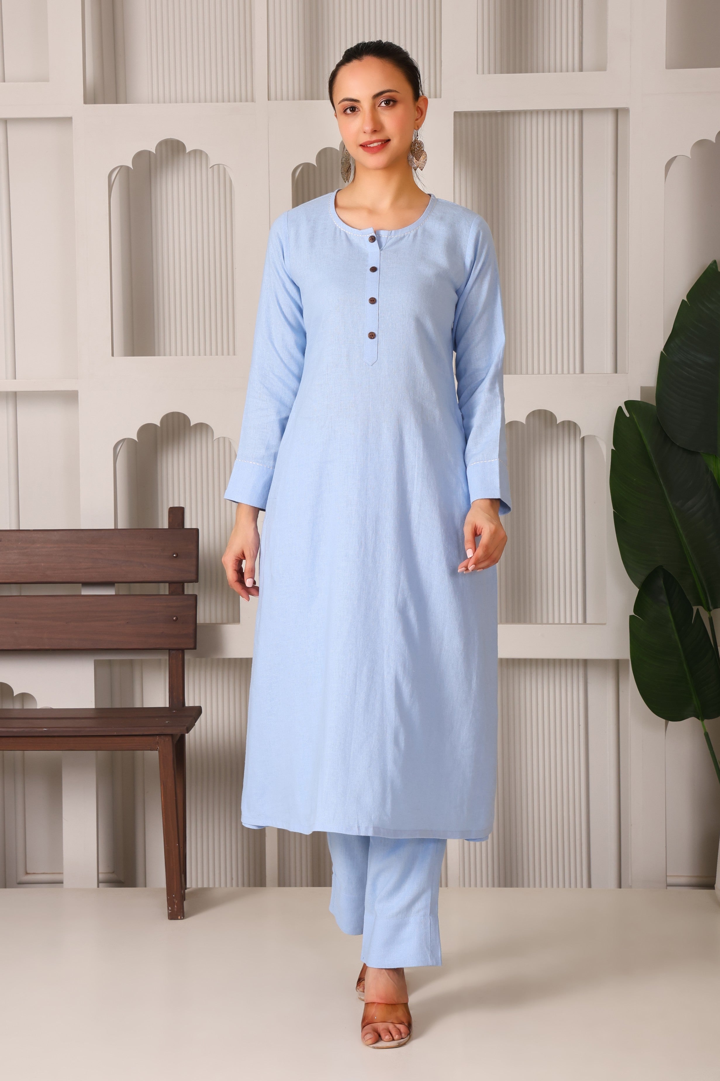 Linen A-Line Kurta Set with Back Embroidery