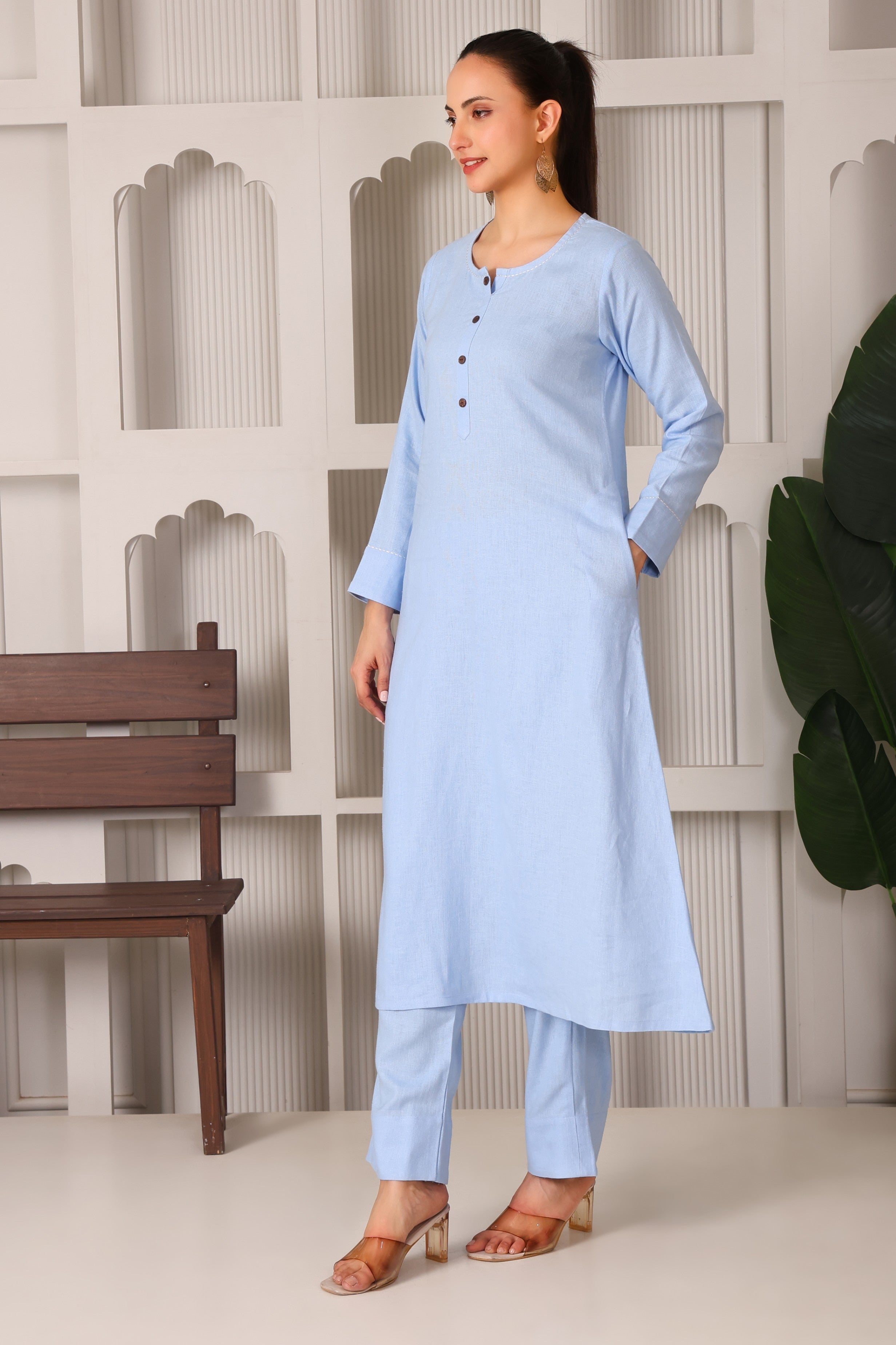 Linen A-Line Kurta Set with Back Embroidery