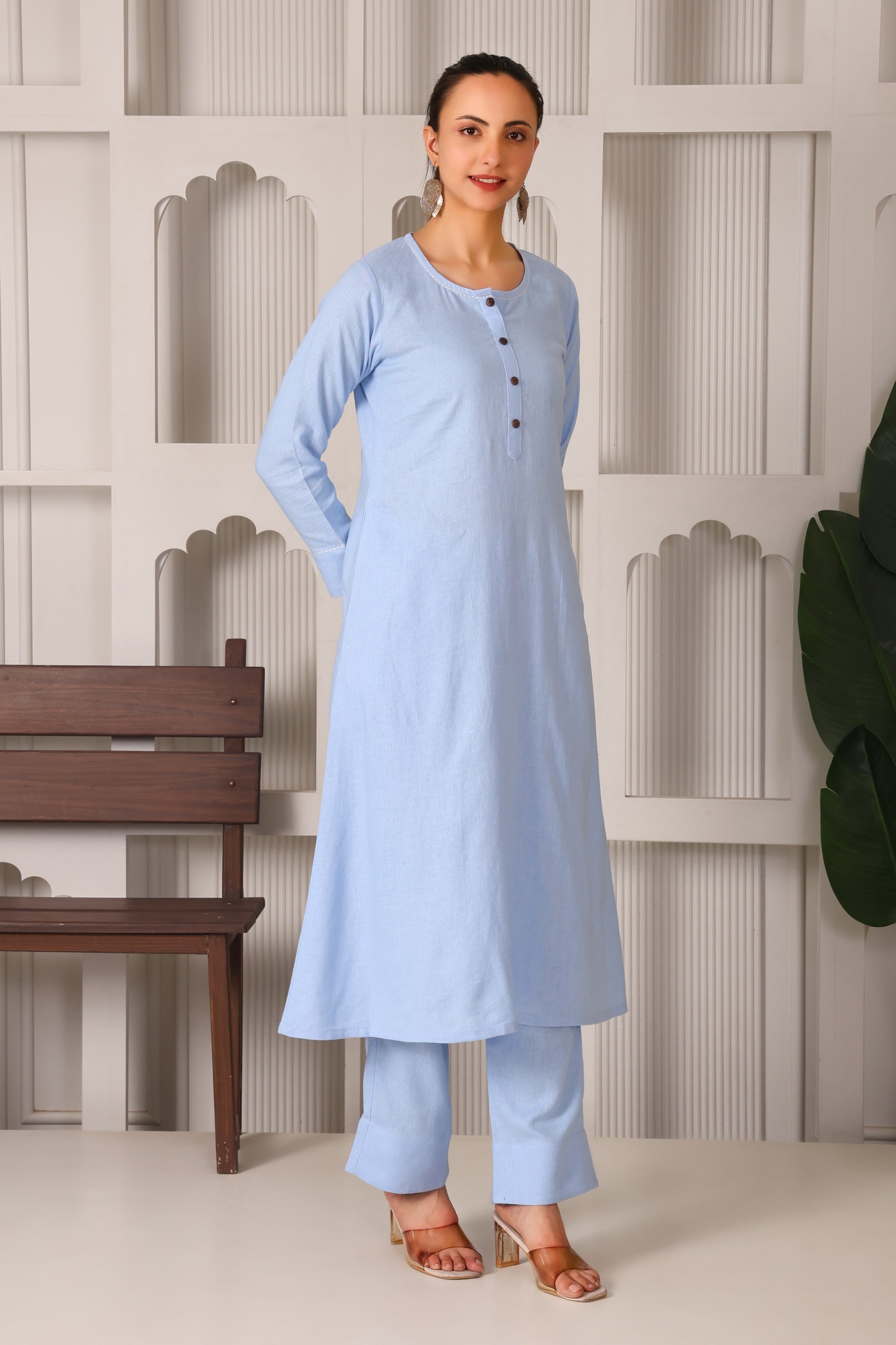 Linen A-Line Kurta Set with Back Embroidery