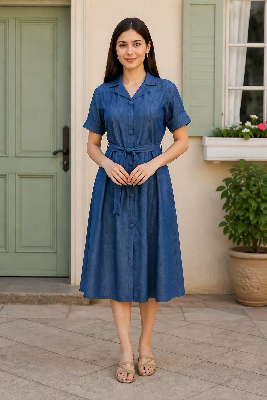 Graceful and Comfortable Denim Midi with Belt Style
