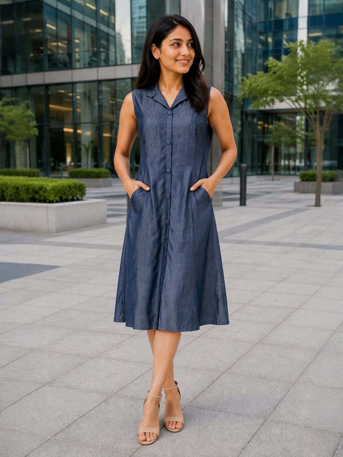 Graceful and Comfortable denim midi with pocket