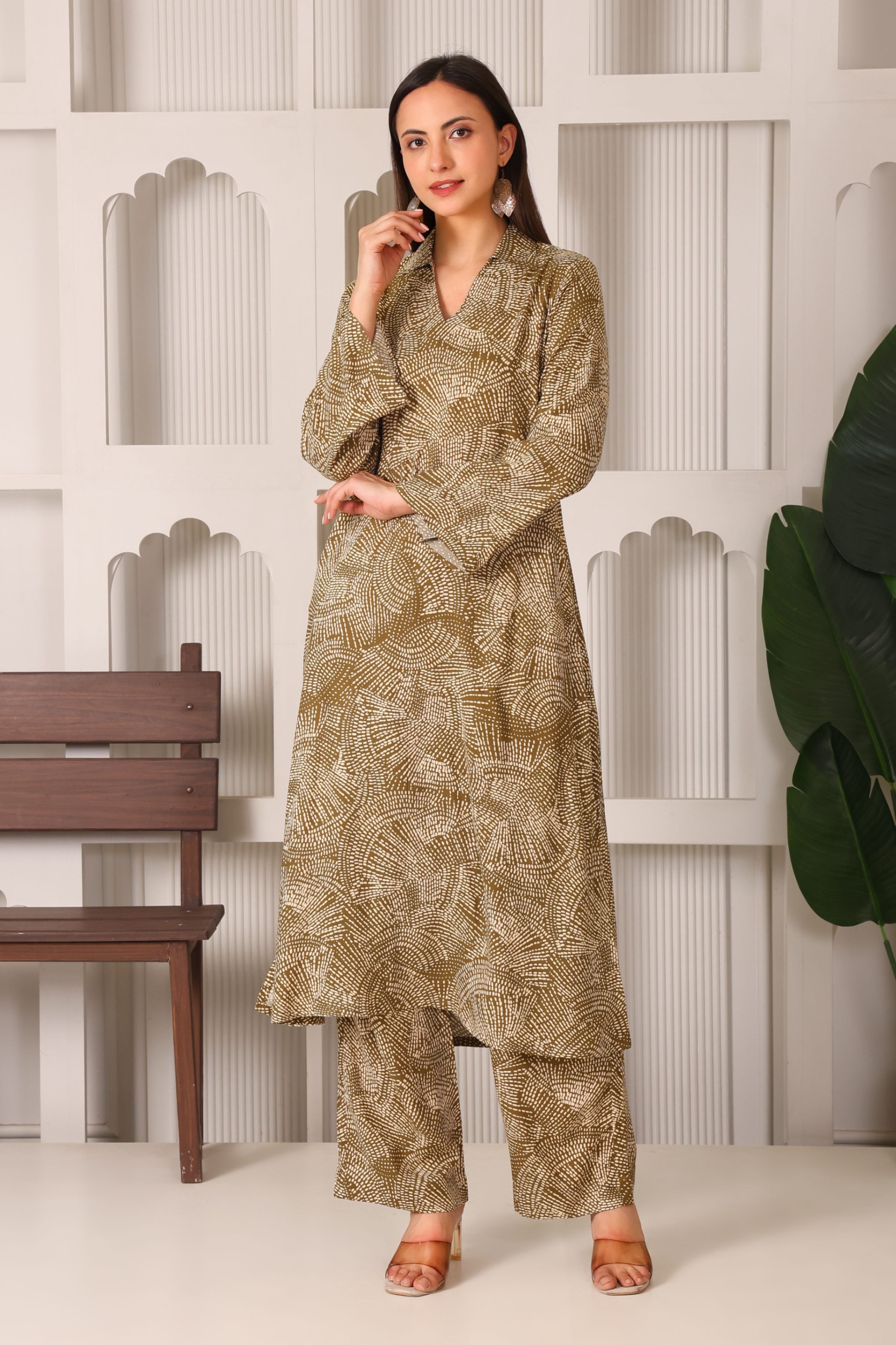 Rayon V-Neck Shirt Collar Kurta Set