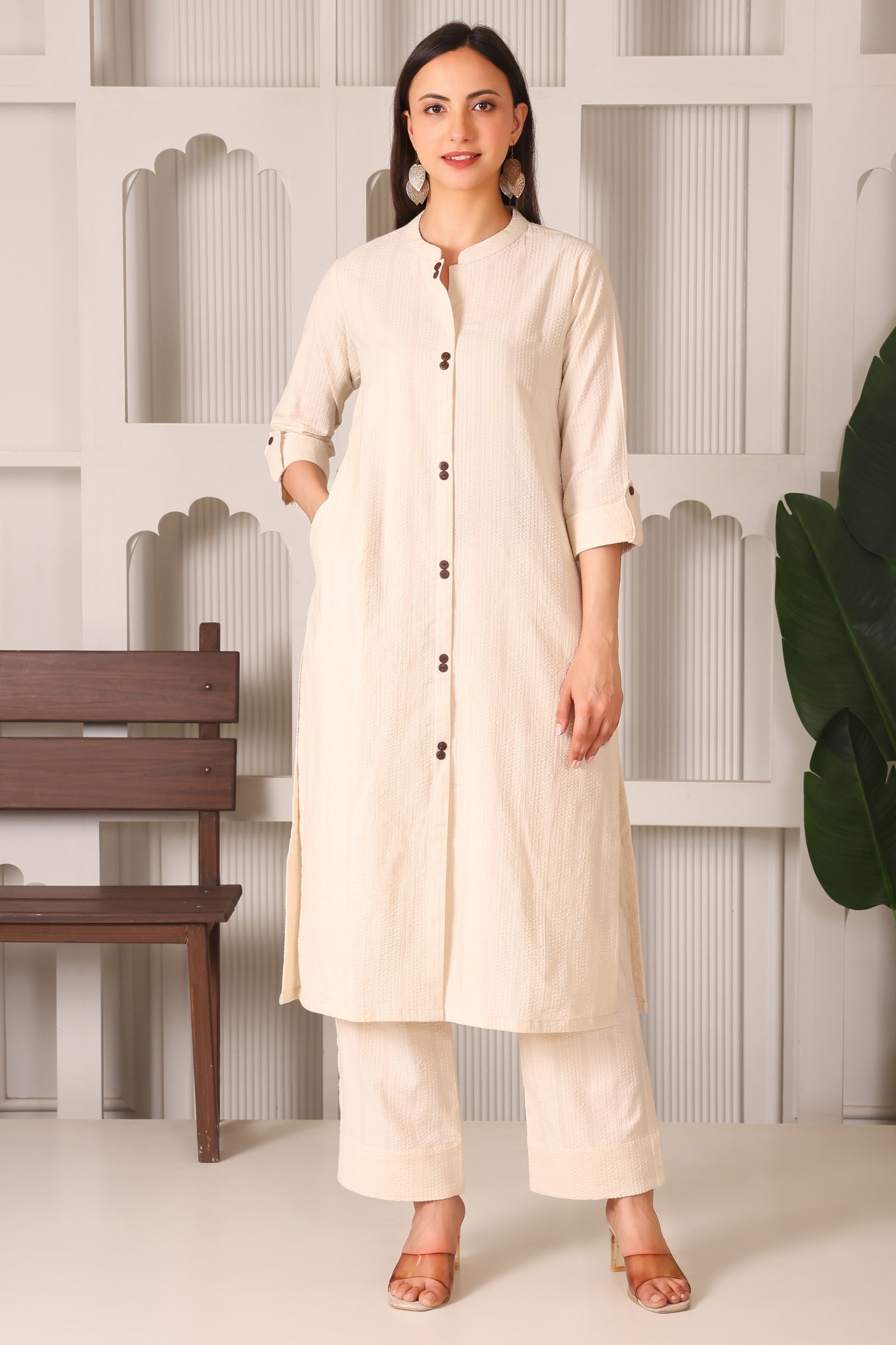 Graceful Cotton A-Line Kurta Set with Mandarin Collar