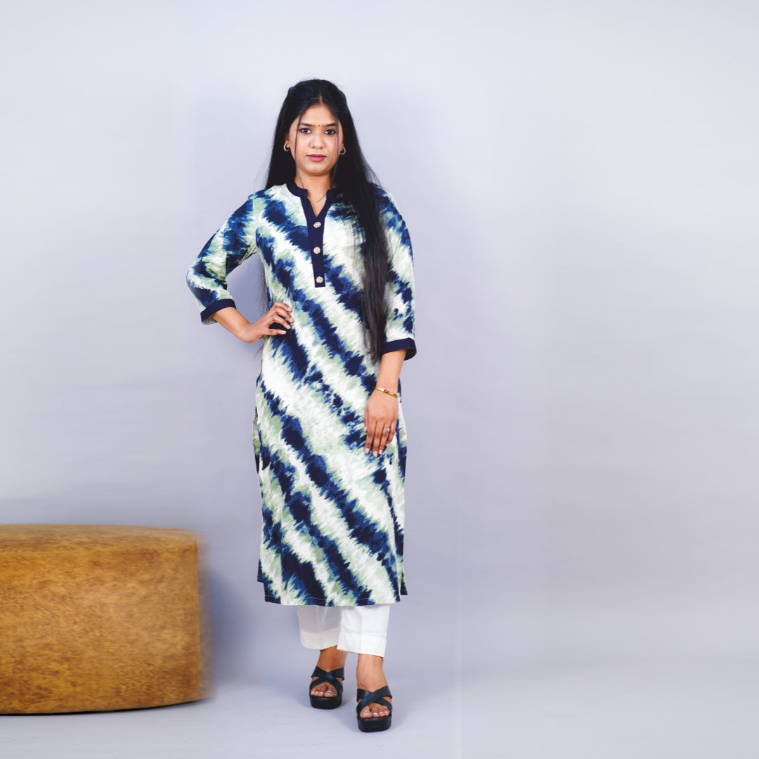 Kurti Chinese collar Fabric Ryon Print Tie & dye