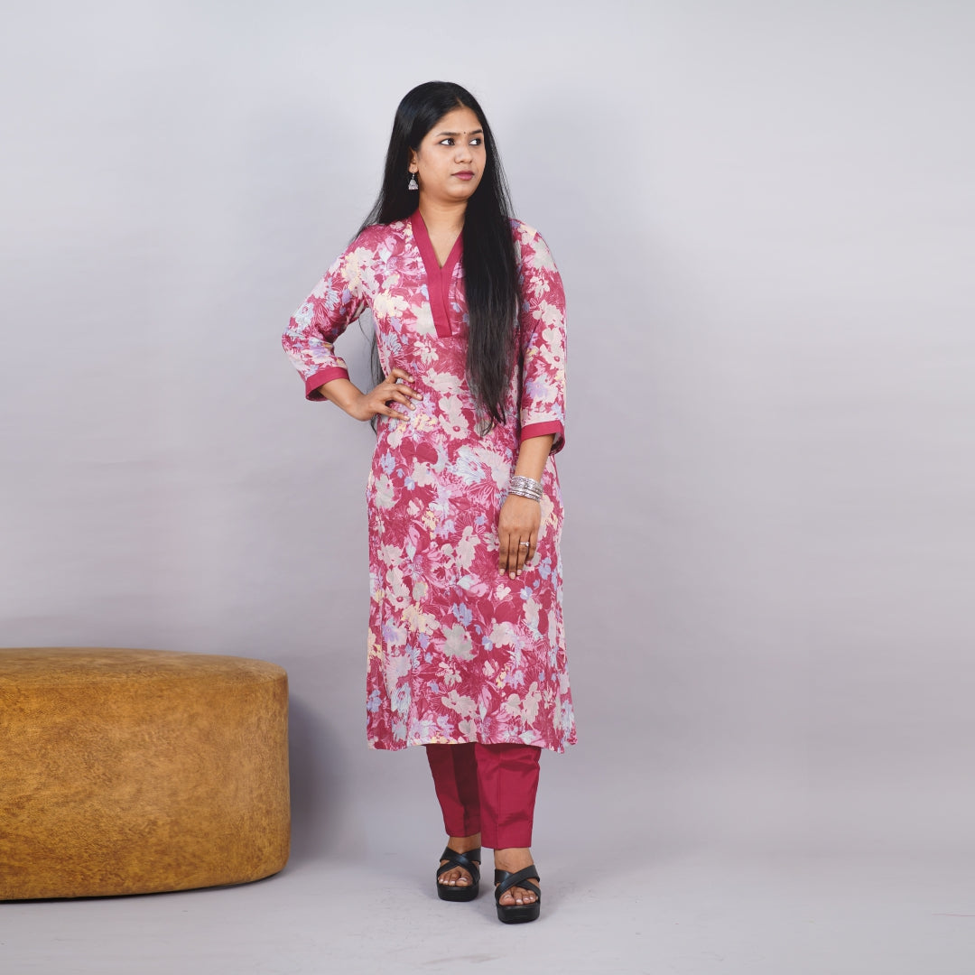 Kurti V-Neck Fabric Shifon Malal