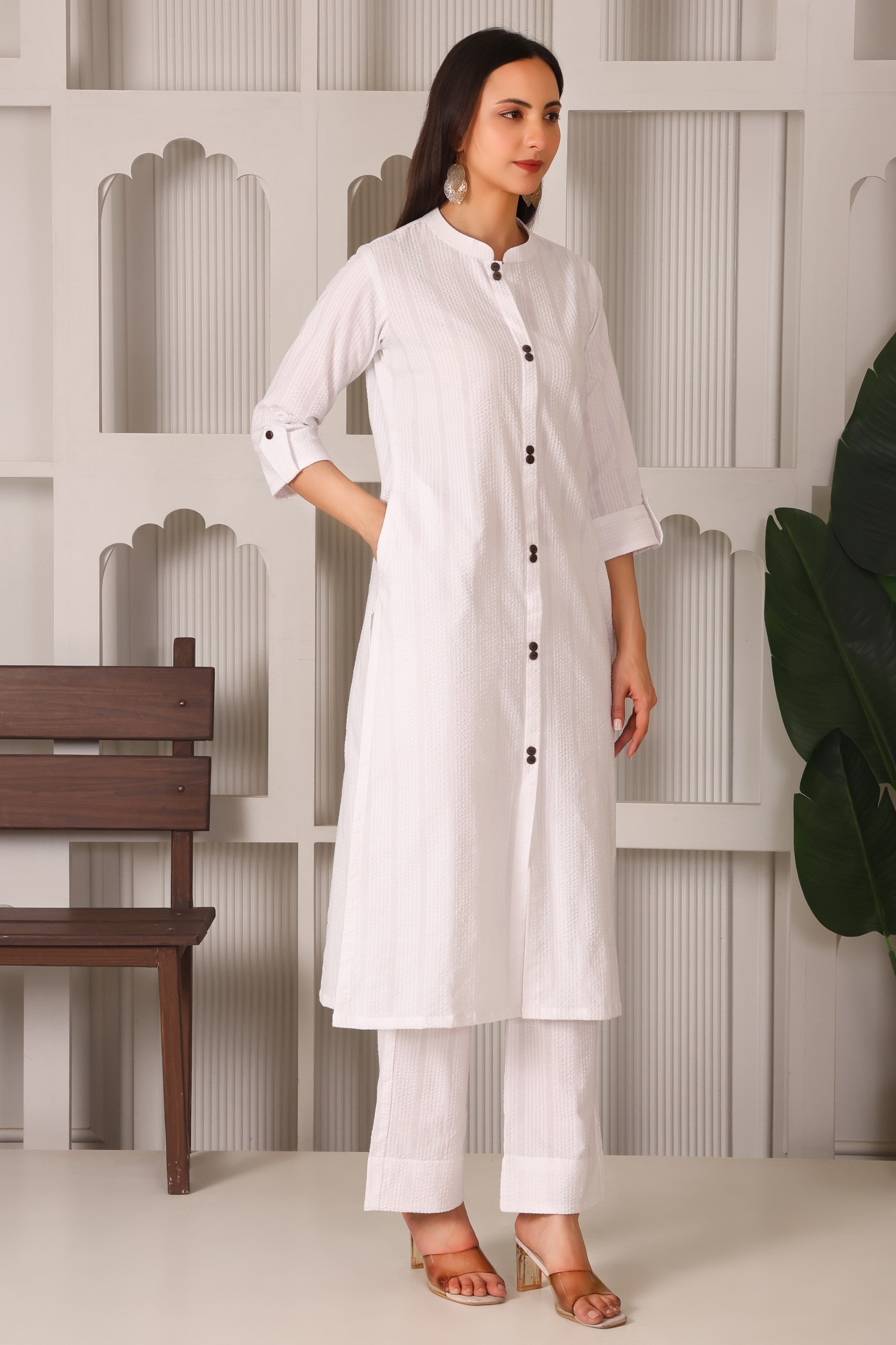 Cotton A-Line Kurta Set with Chinese Collar