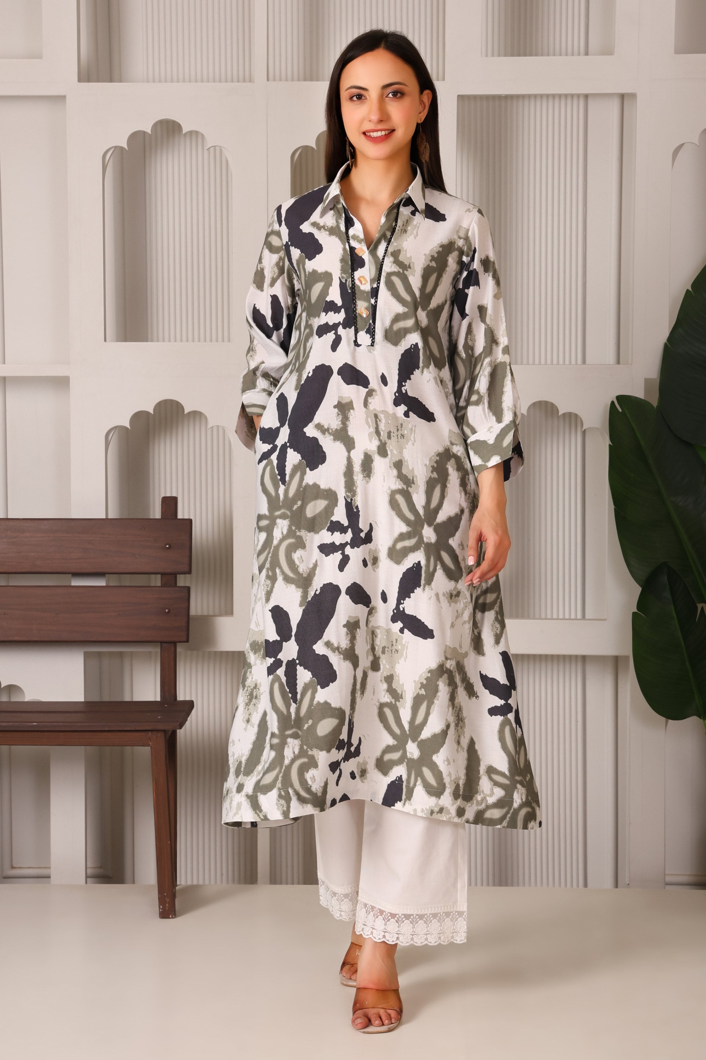 Cotton Linen Shirt Collar Kurta Set