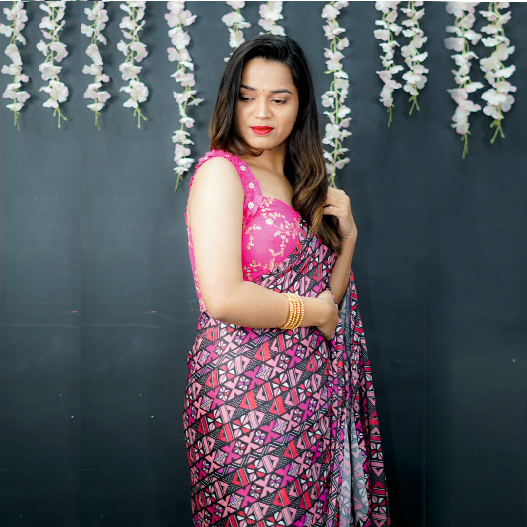 Readymade Saree with Designer Blouse Sweetheart Neck Style
