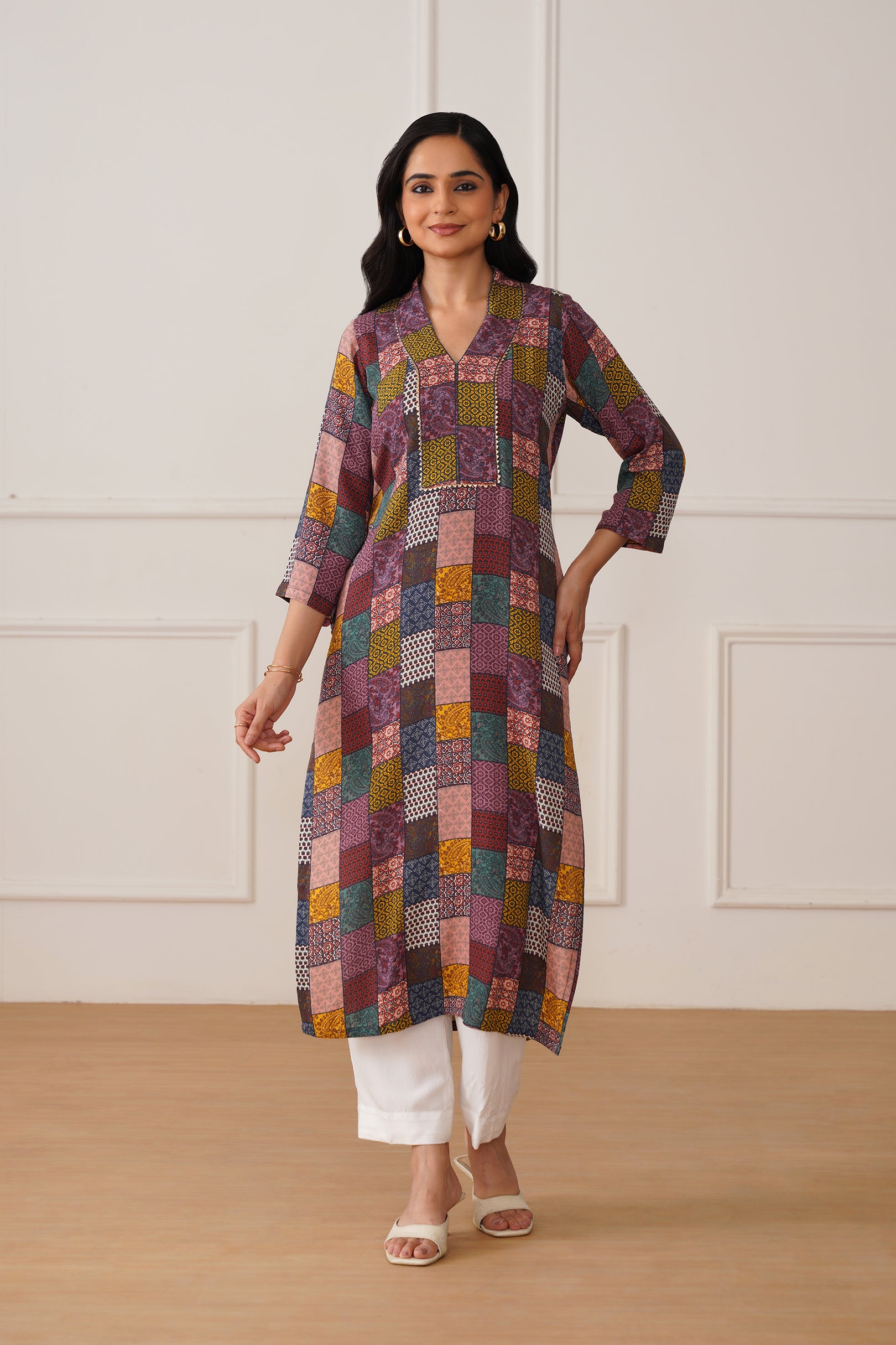 V-Neck Brown Moss Box Print Kurti