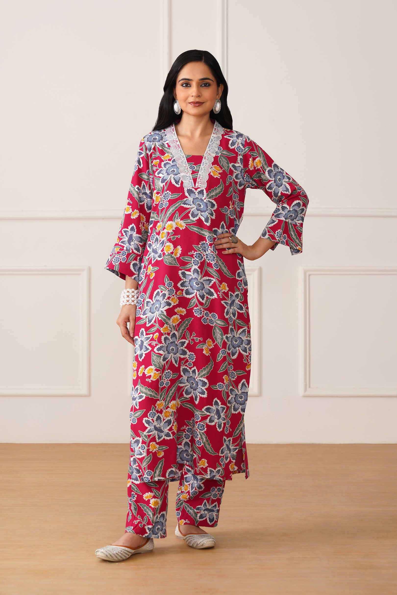 V-Neck  Kurti Set