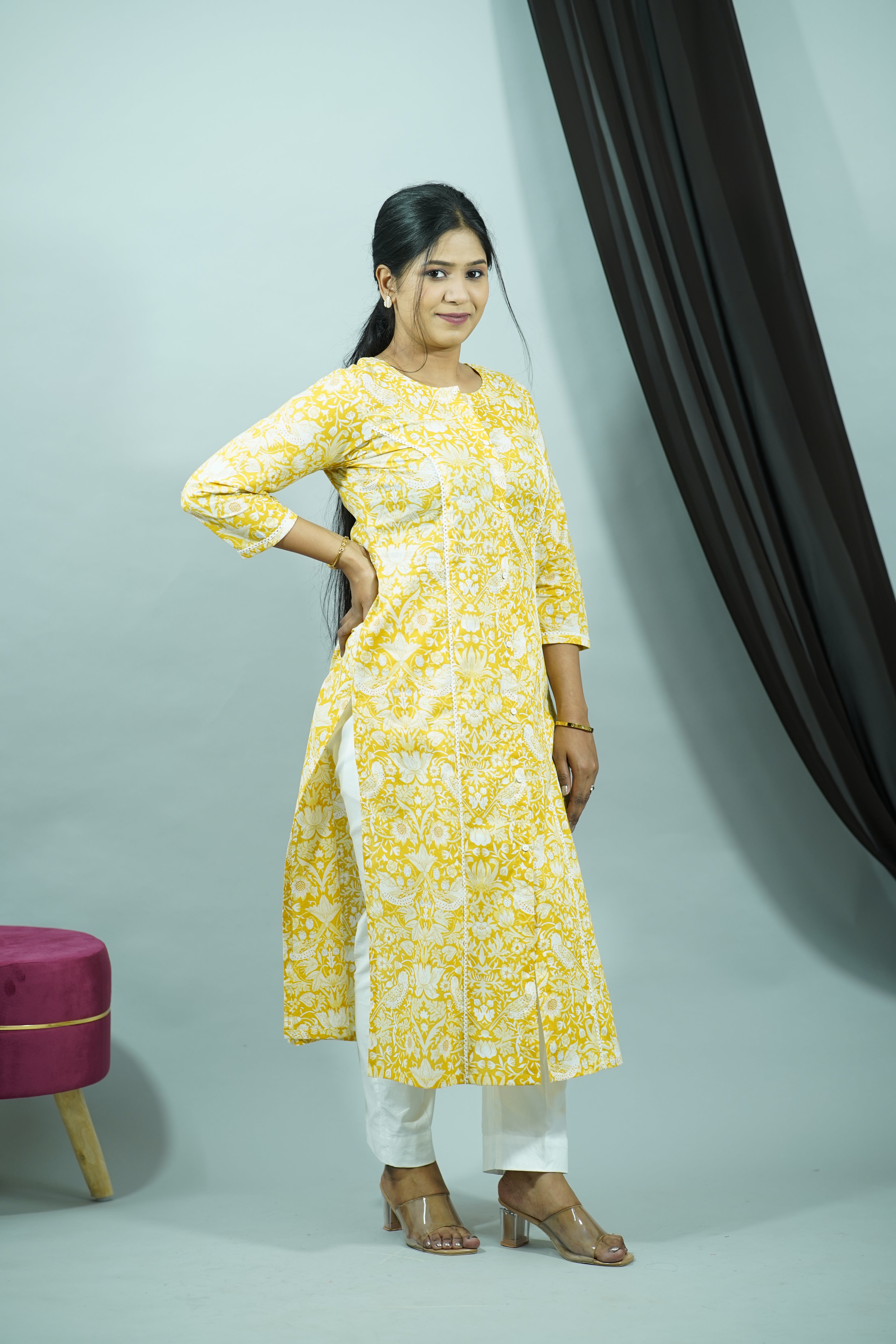 Yellow Cambric Princess Cut Kurti