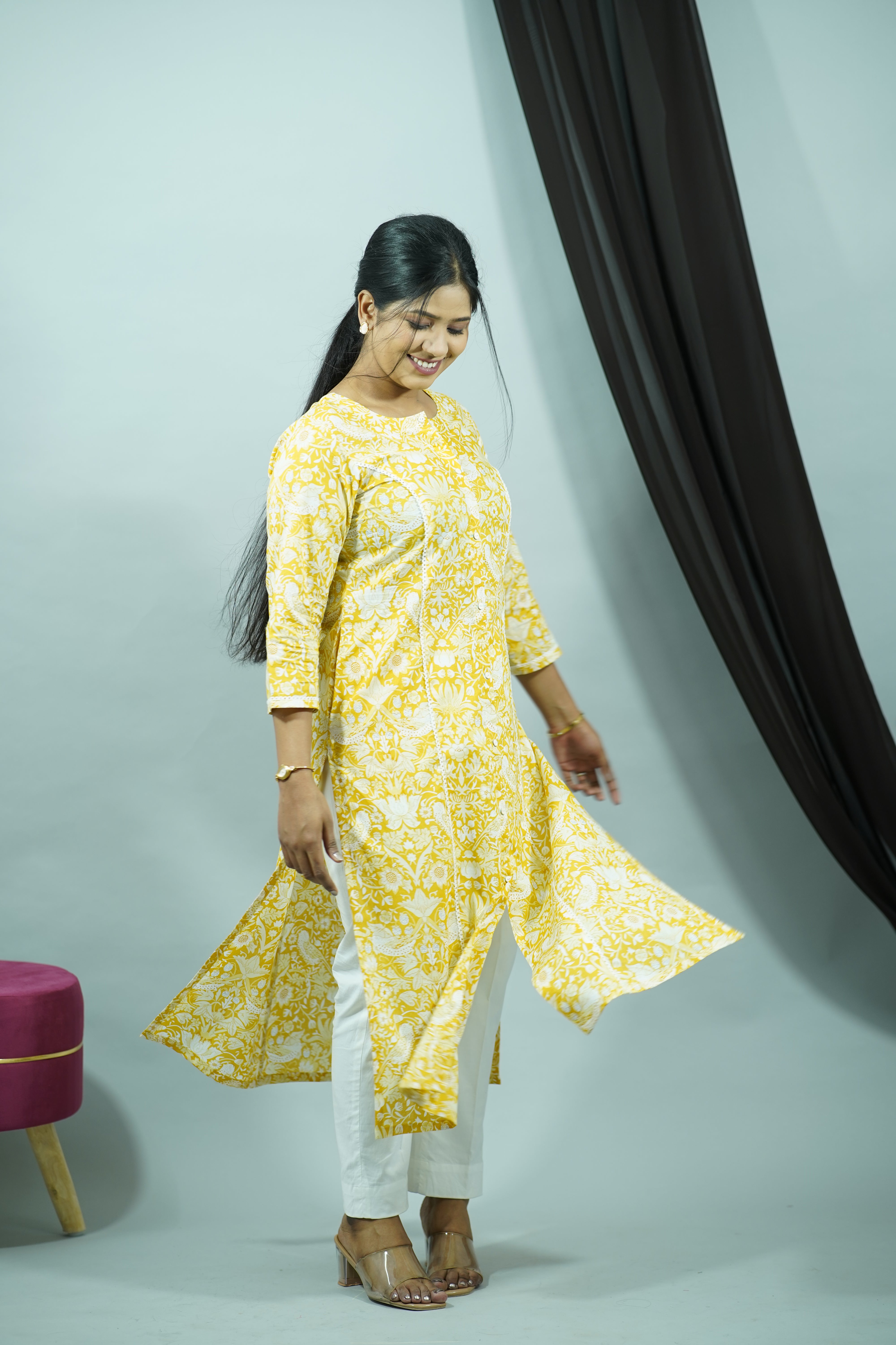 Yellow Cambric Princess Cut Kurti