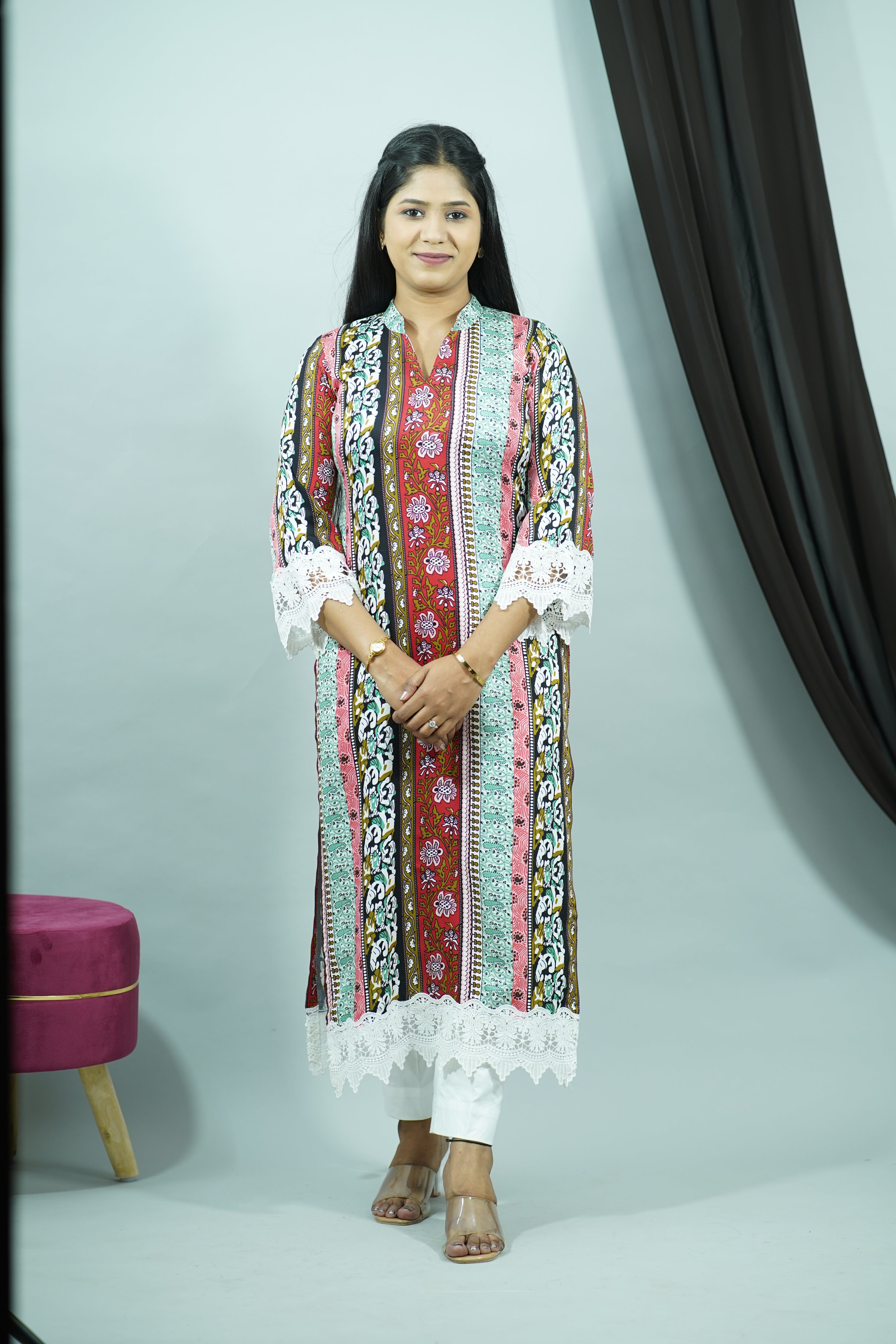 Multicolor Modal Satin Rayon Stand Collar Kurti