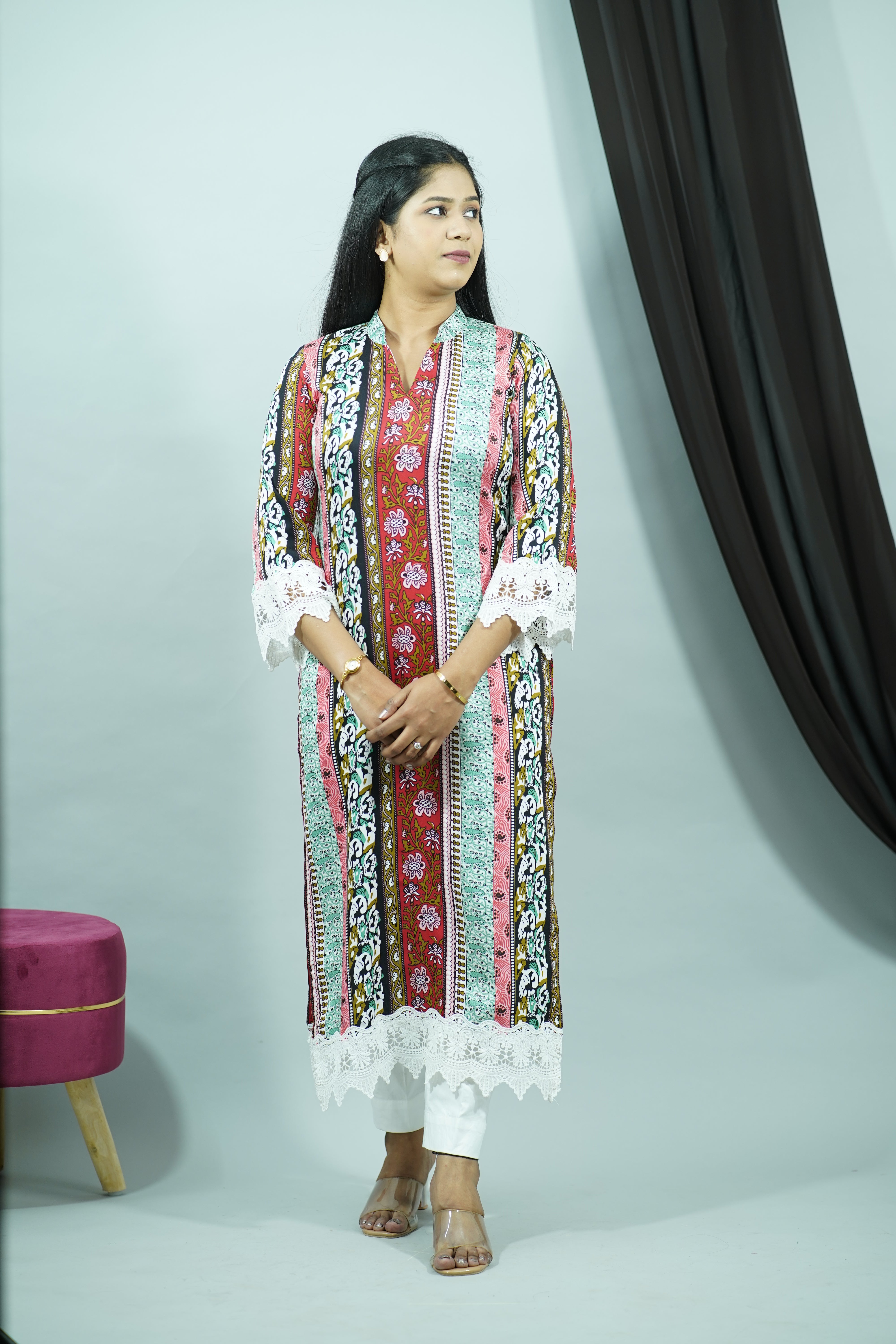 Multicolor Modal Satin Rayon Stand Collar Kurti