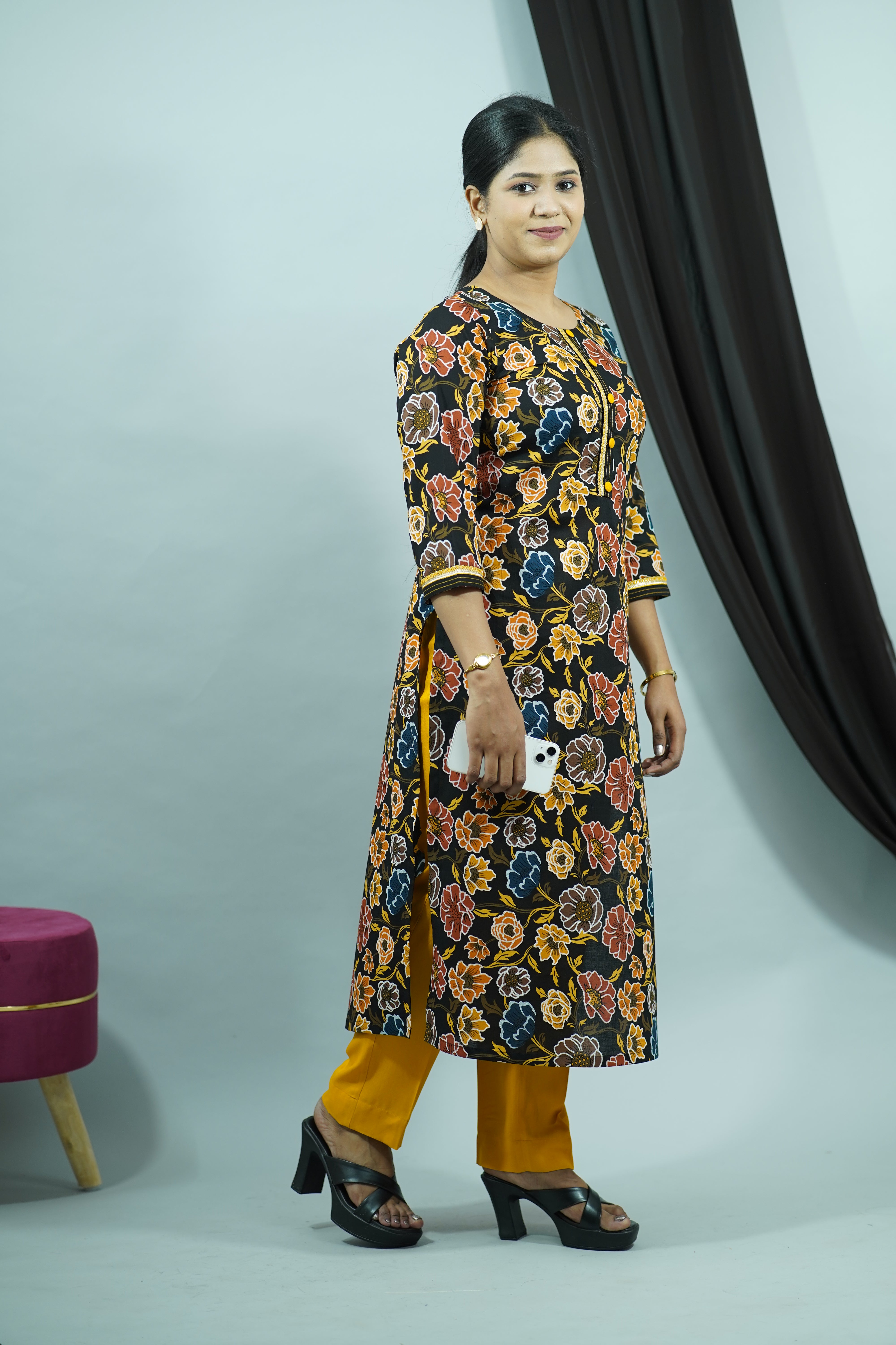 Black Yellow Cambric Sunflower Round Neck Kurti