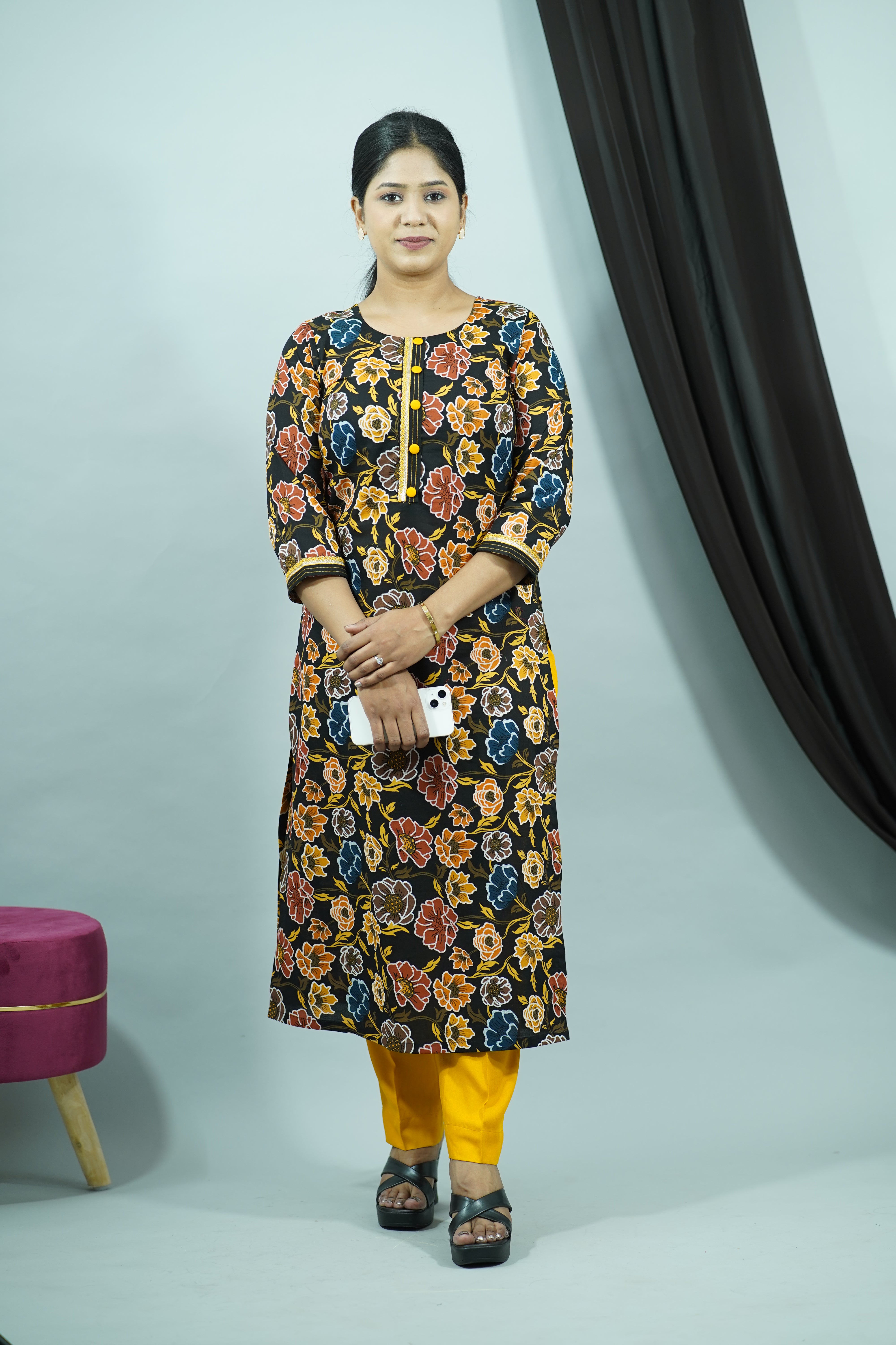 Black Yellow Cambric Sunflower Round Neck Kurti