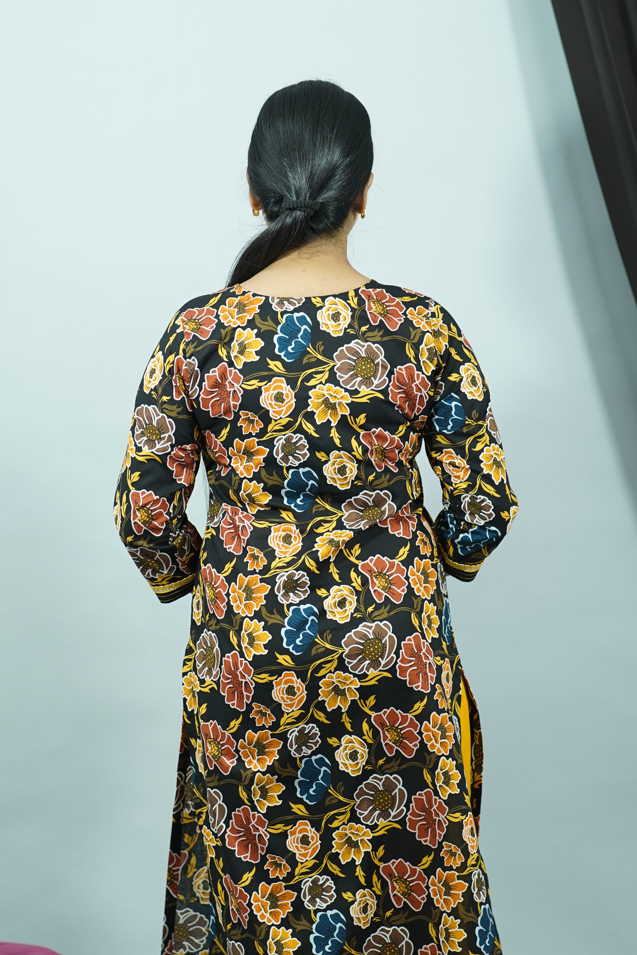 Black Yellow Cambric Sunflower Round Neck Kurti