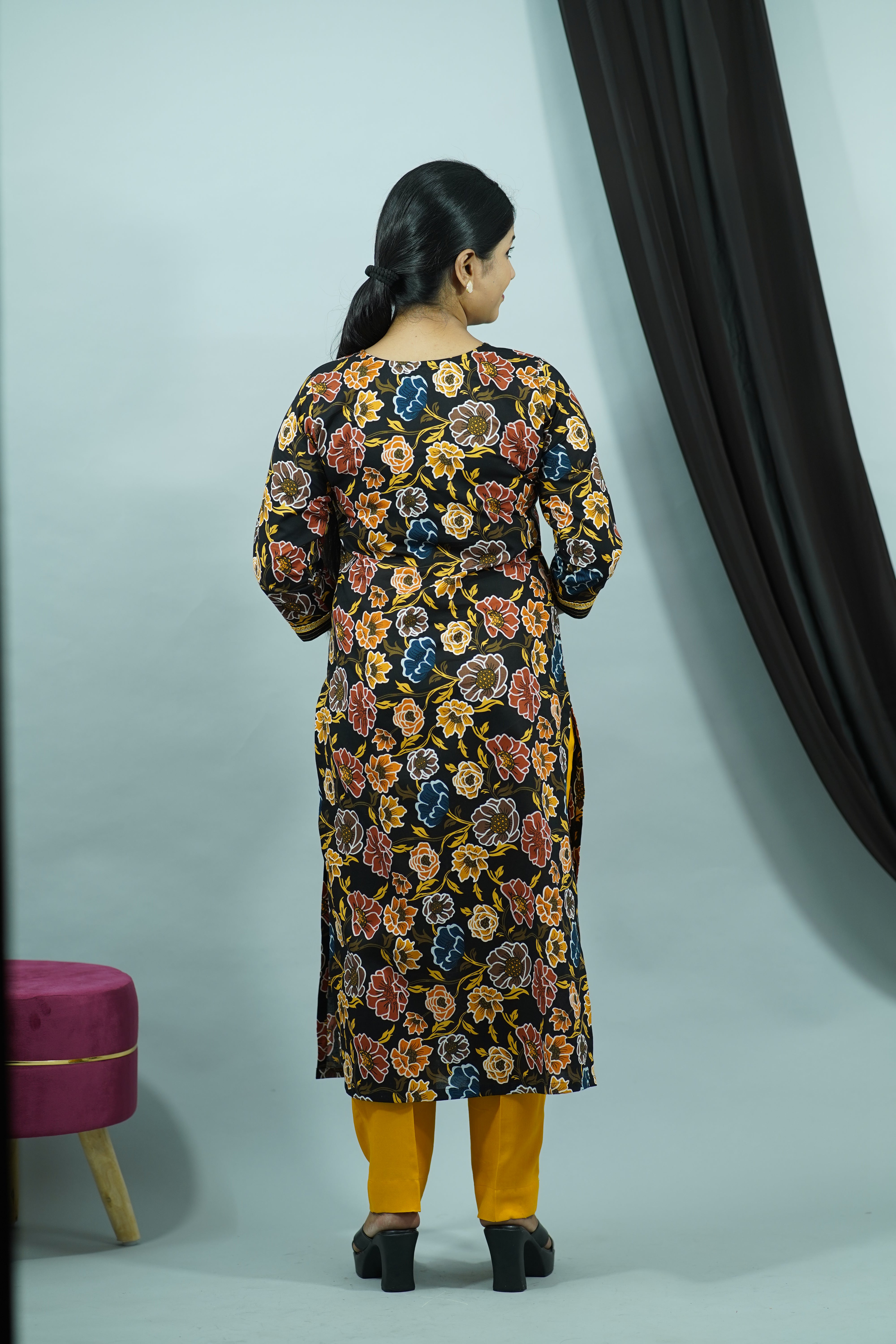 Black Yellow Cambric Sunflower Round Neck Kurti