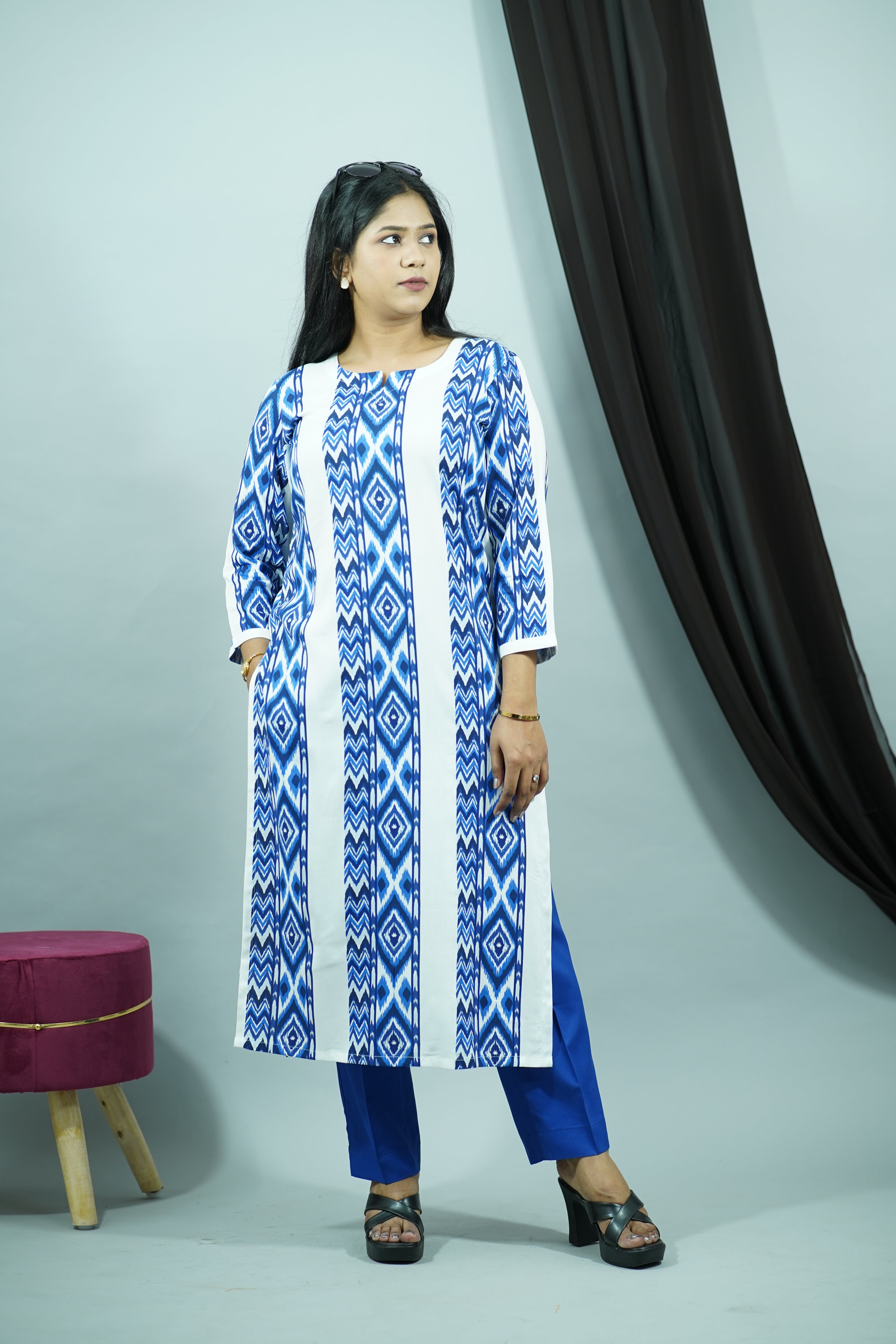 Royal Blue White Rayon Round Neck Kurti