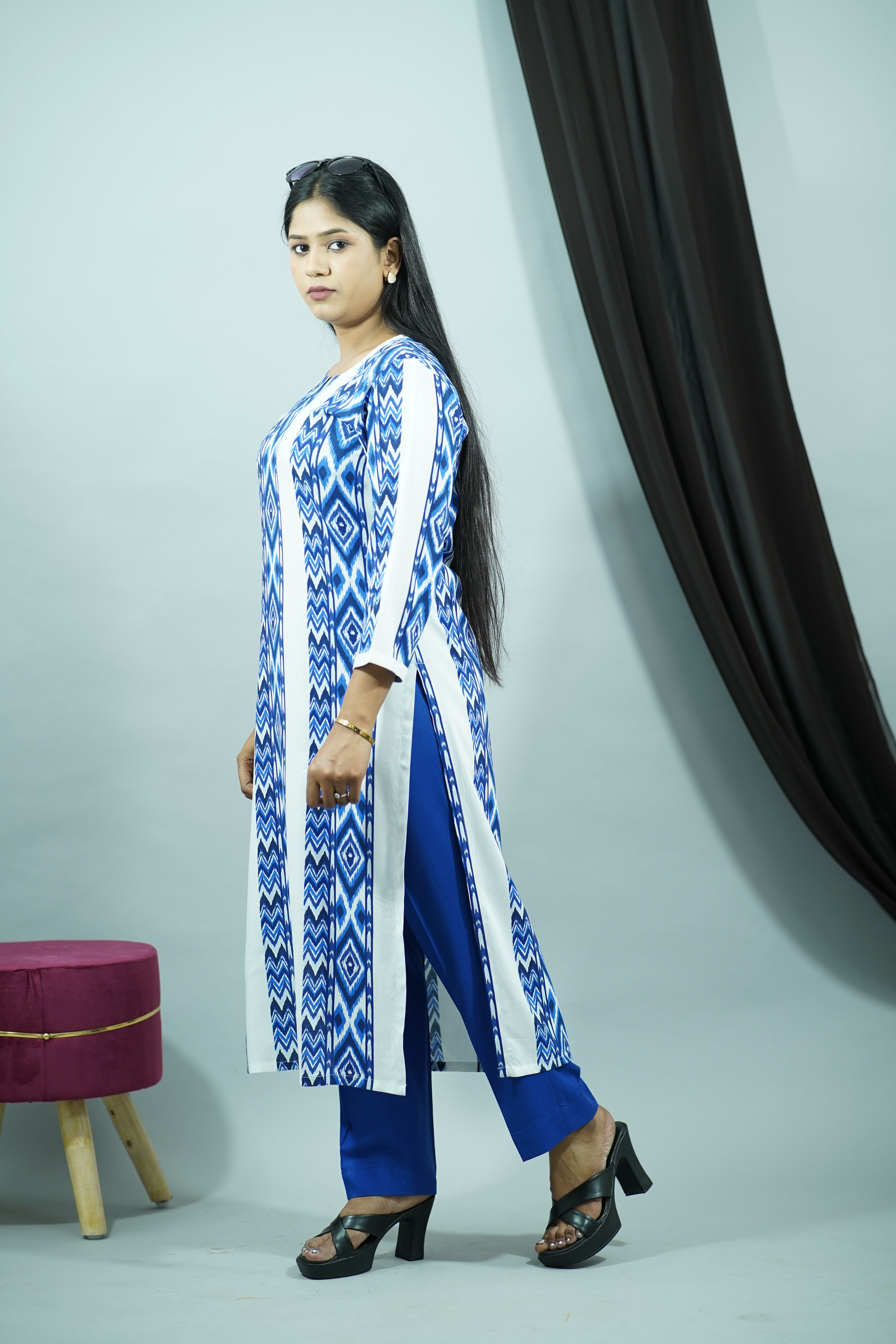 Royal Blue White Rayon Round Neck Kurti