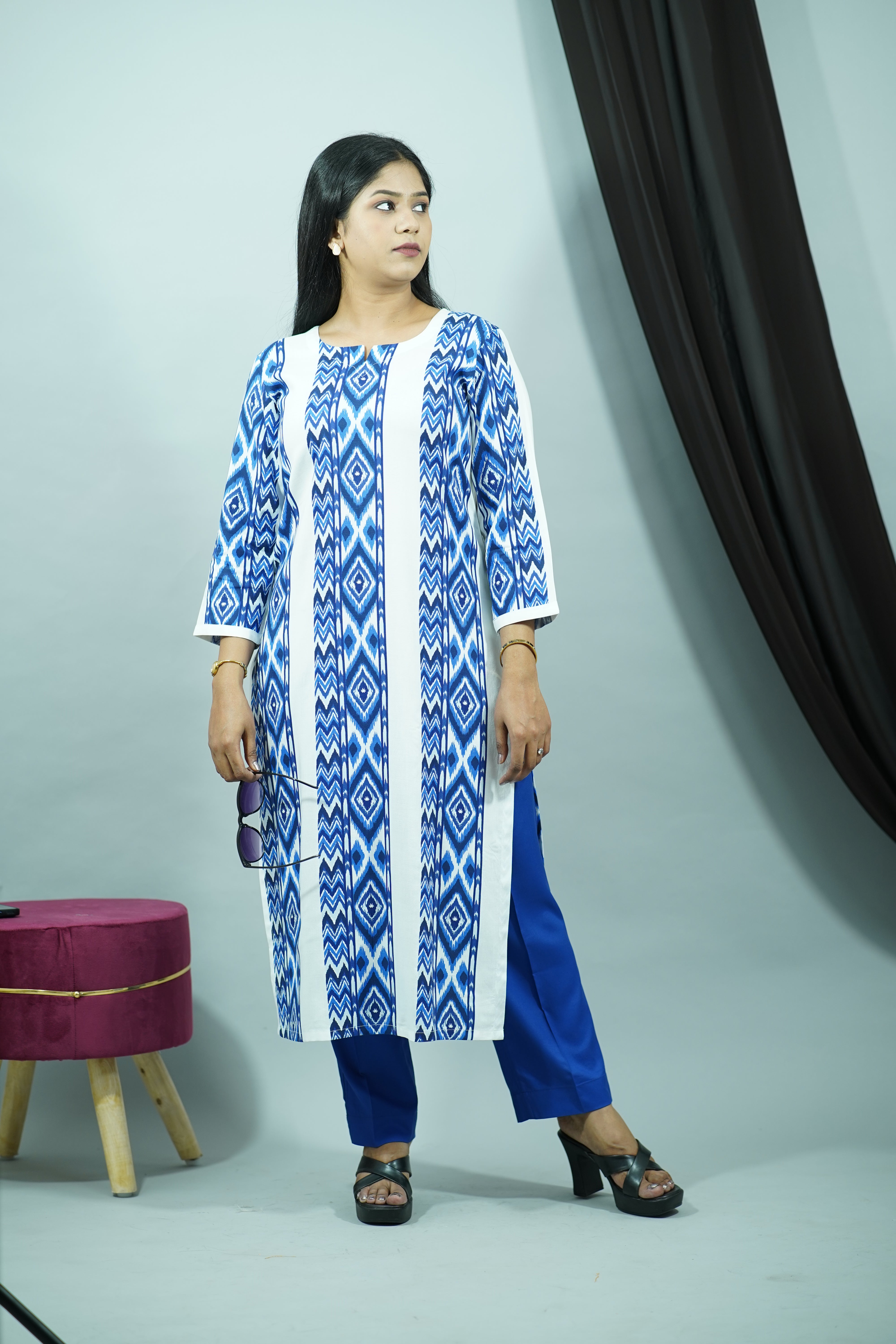 Royal Blue White Rayon Round Neck Kurti