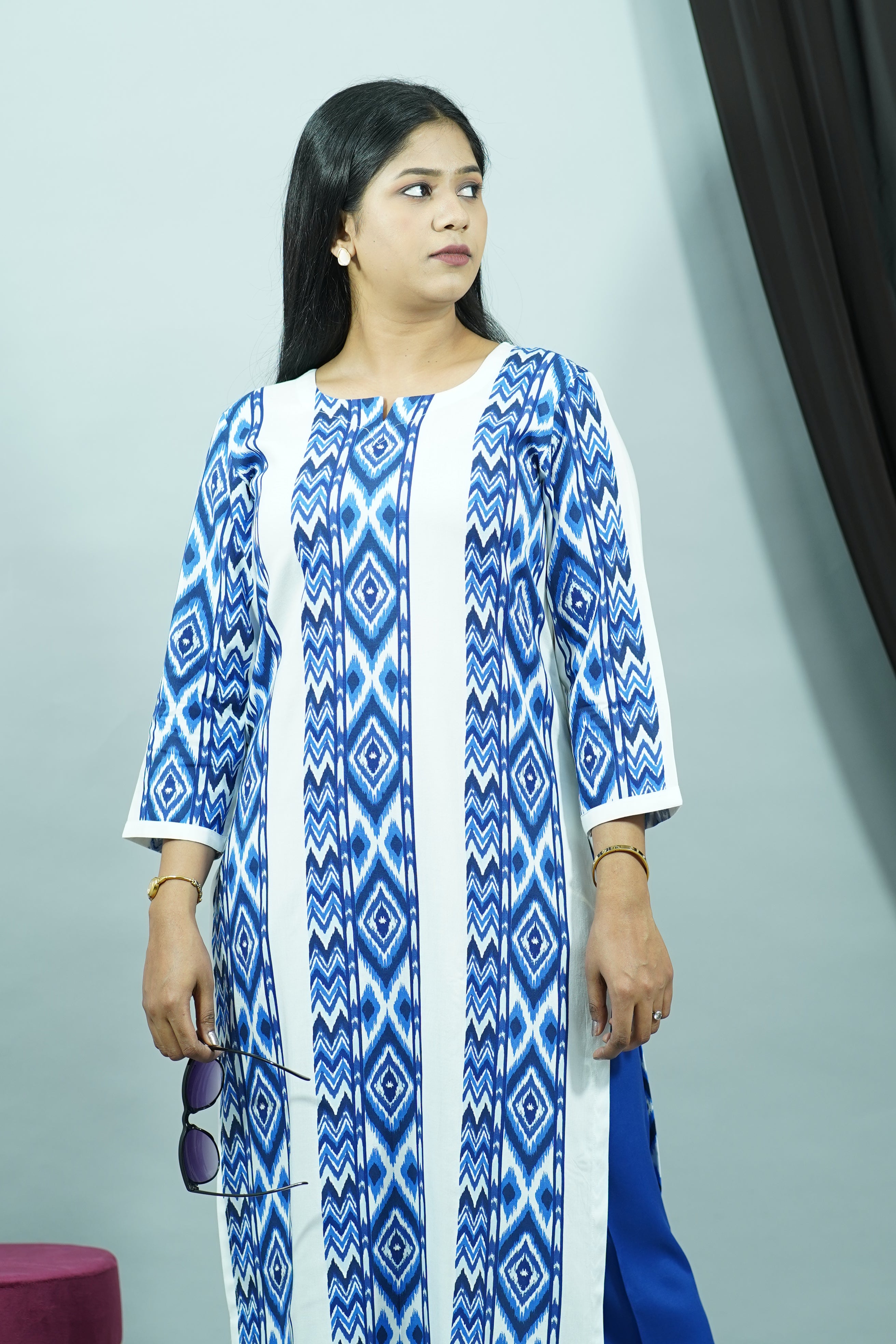 Royal Blue White Rayon Round Neck Kurti