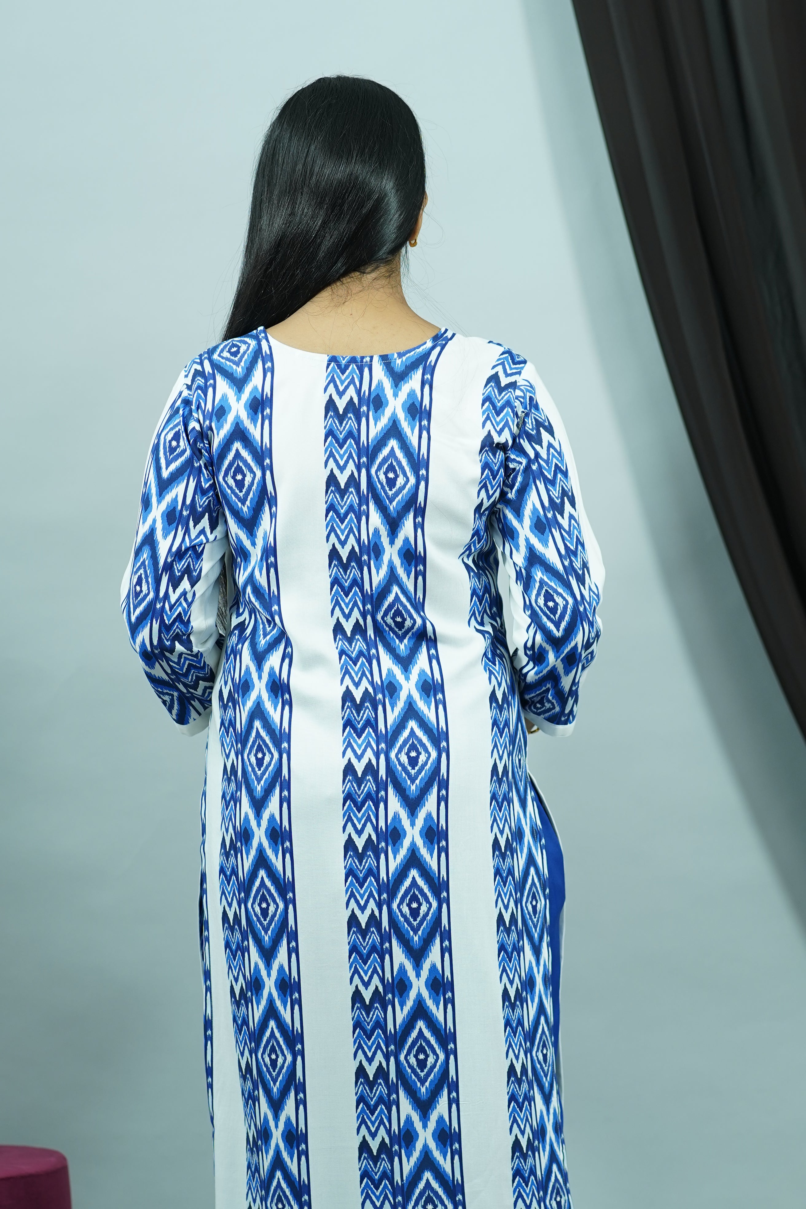 Royal Blue White Rayon Round Neck Kurti