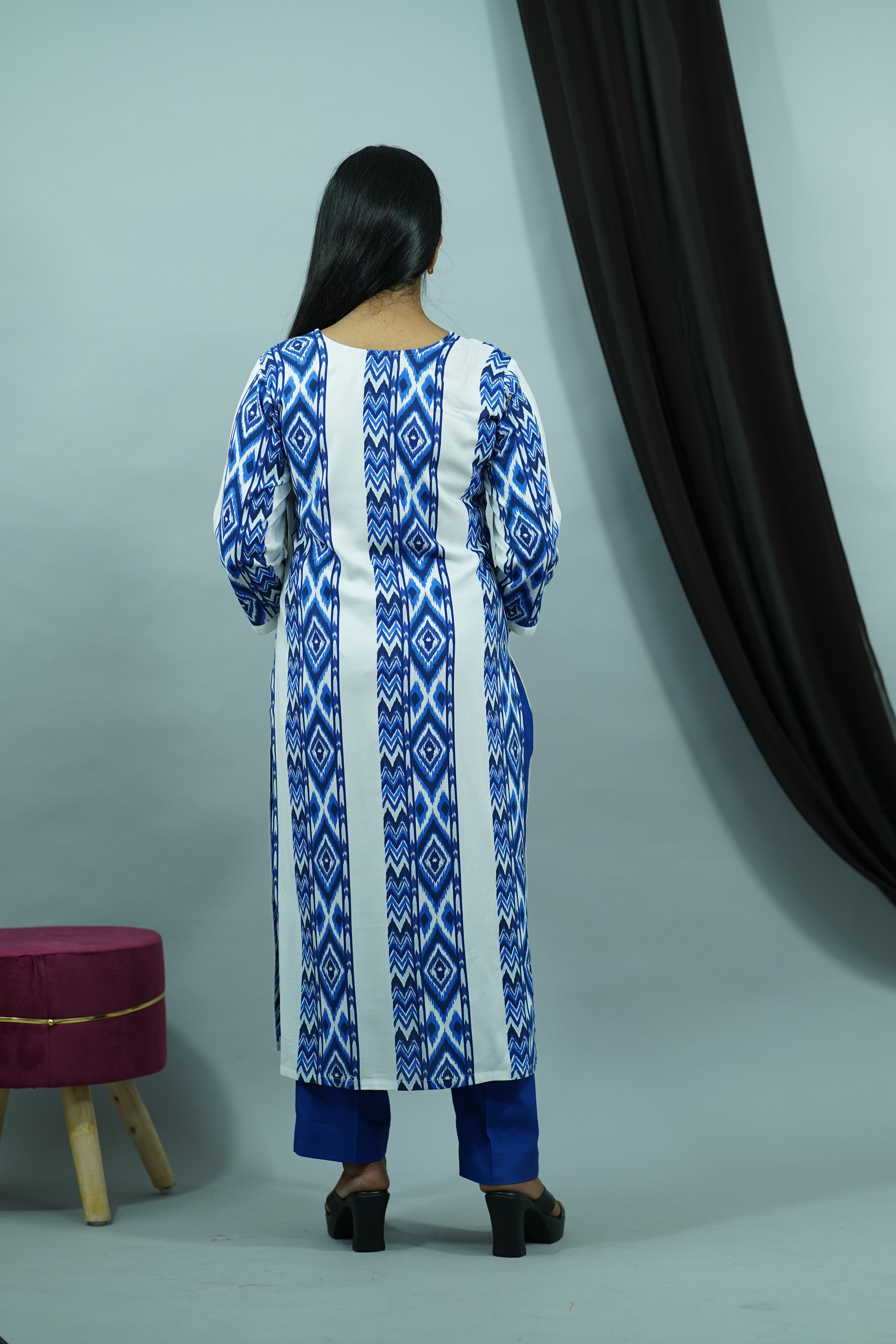 Royal Blue White Rayon Round Neck Kurti