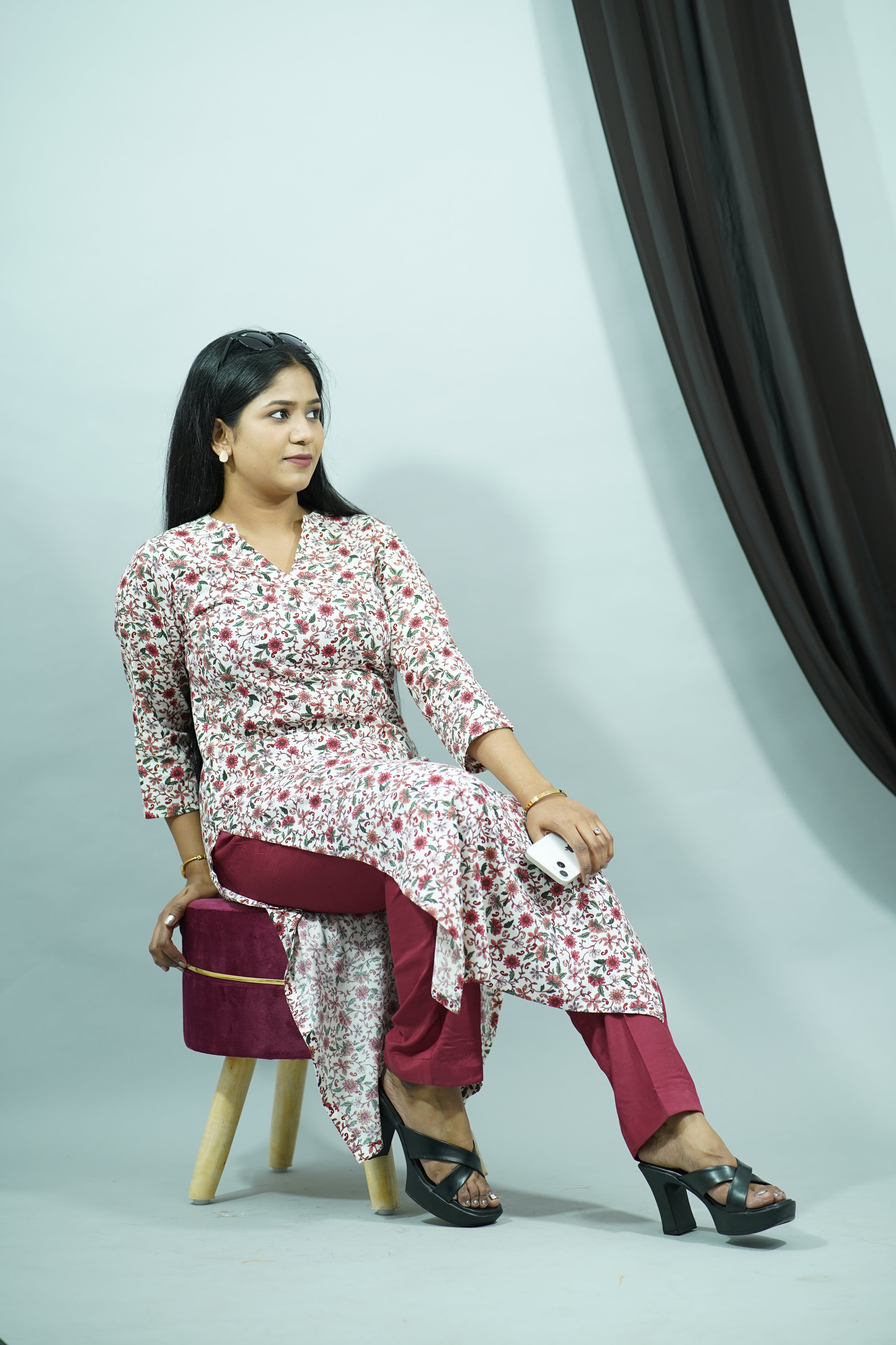 Maroon Linen Cotton Chinese Collar Floral Kurti