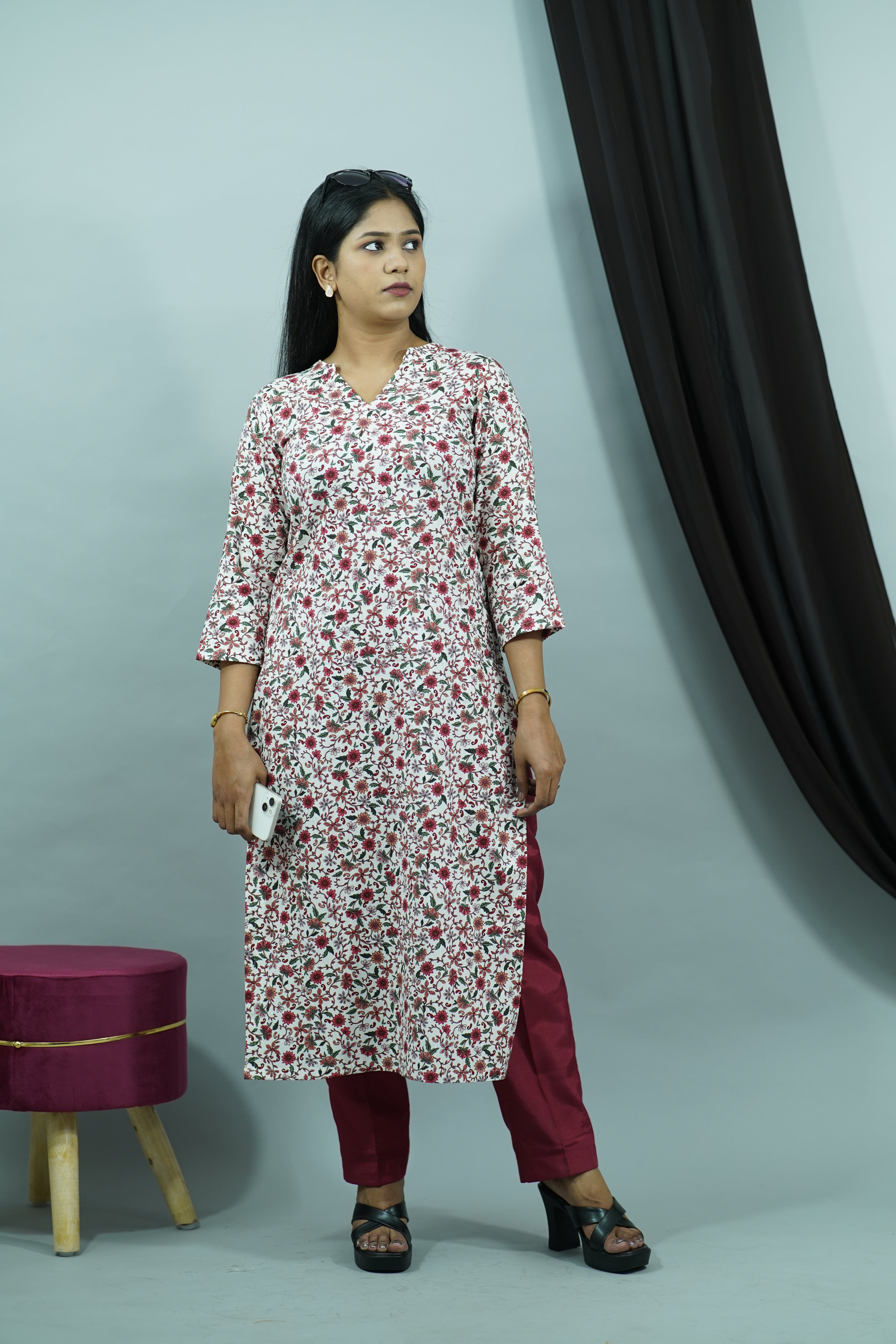 Maroon Linen Cotton Chinese Collar Floral Kurti