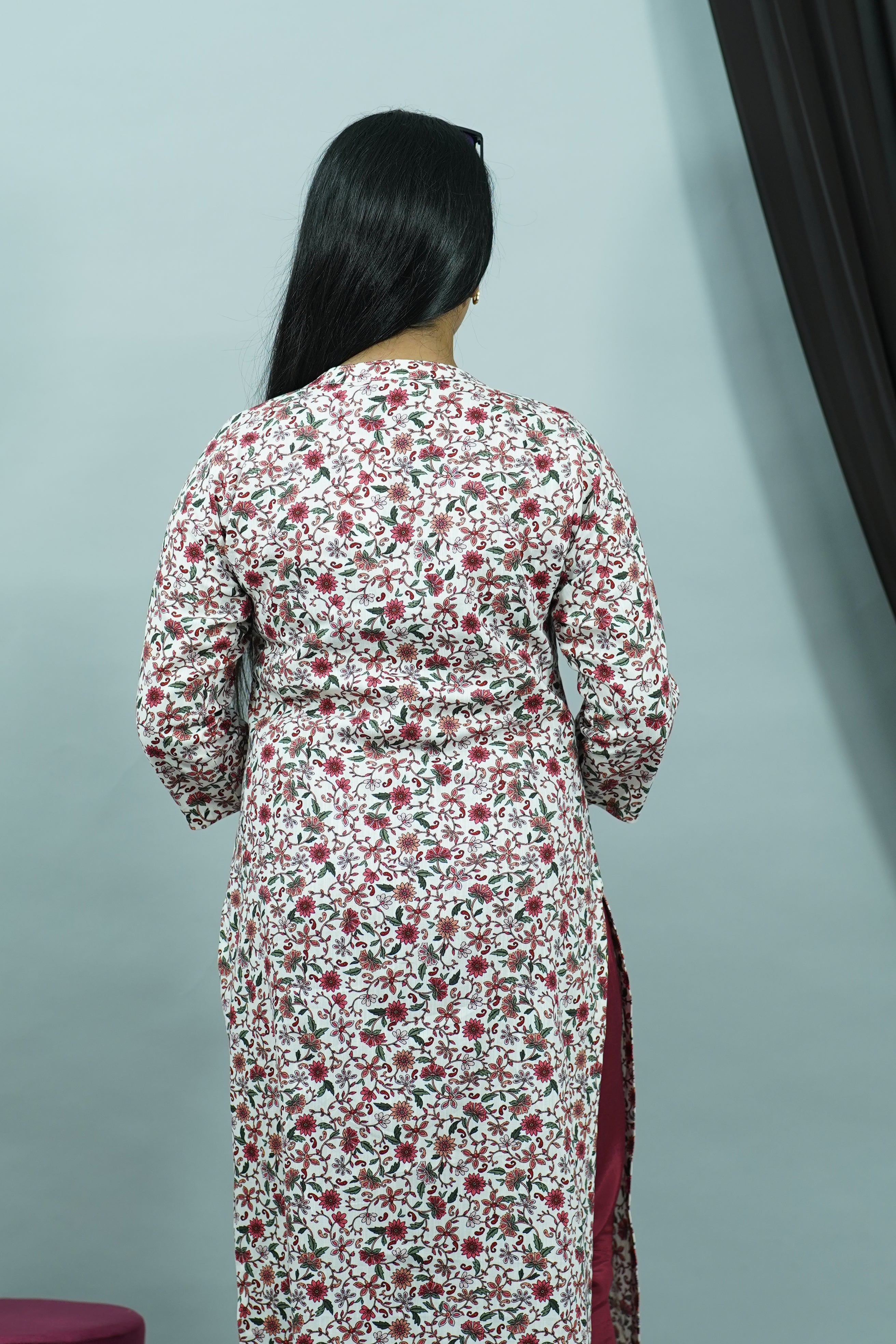 Maroon Linen Cotton Chinese Collar Floral Kurti