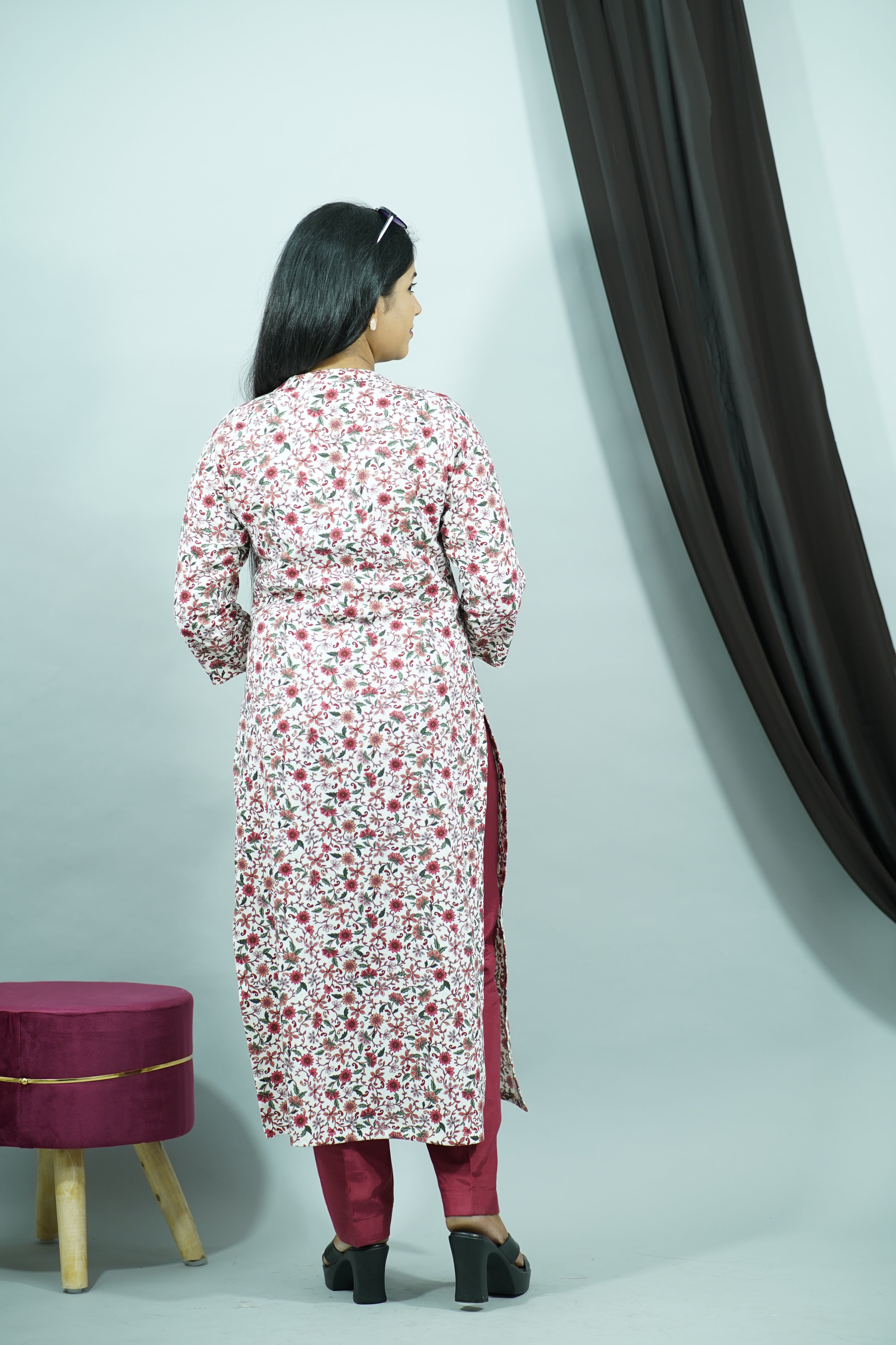 Maroon Linen Cotton Chinese Collar Floral Kurti