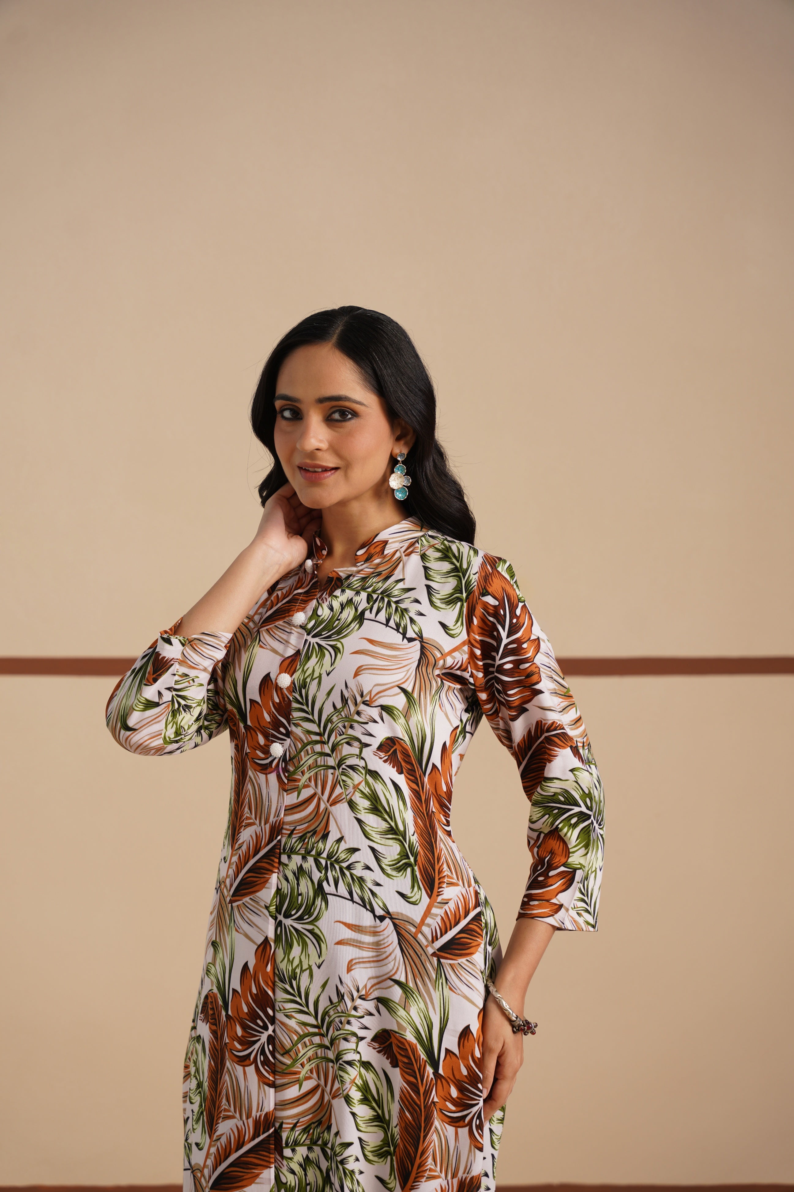 Brown-Green Chinese Collar Soft Rayon Kurti