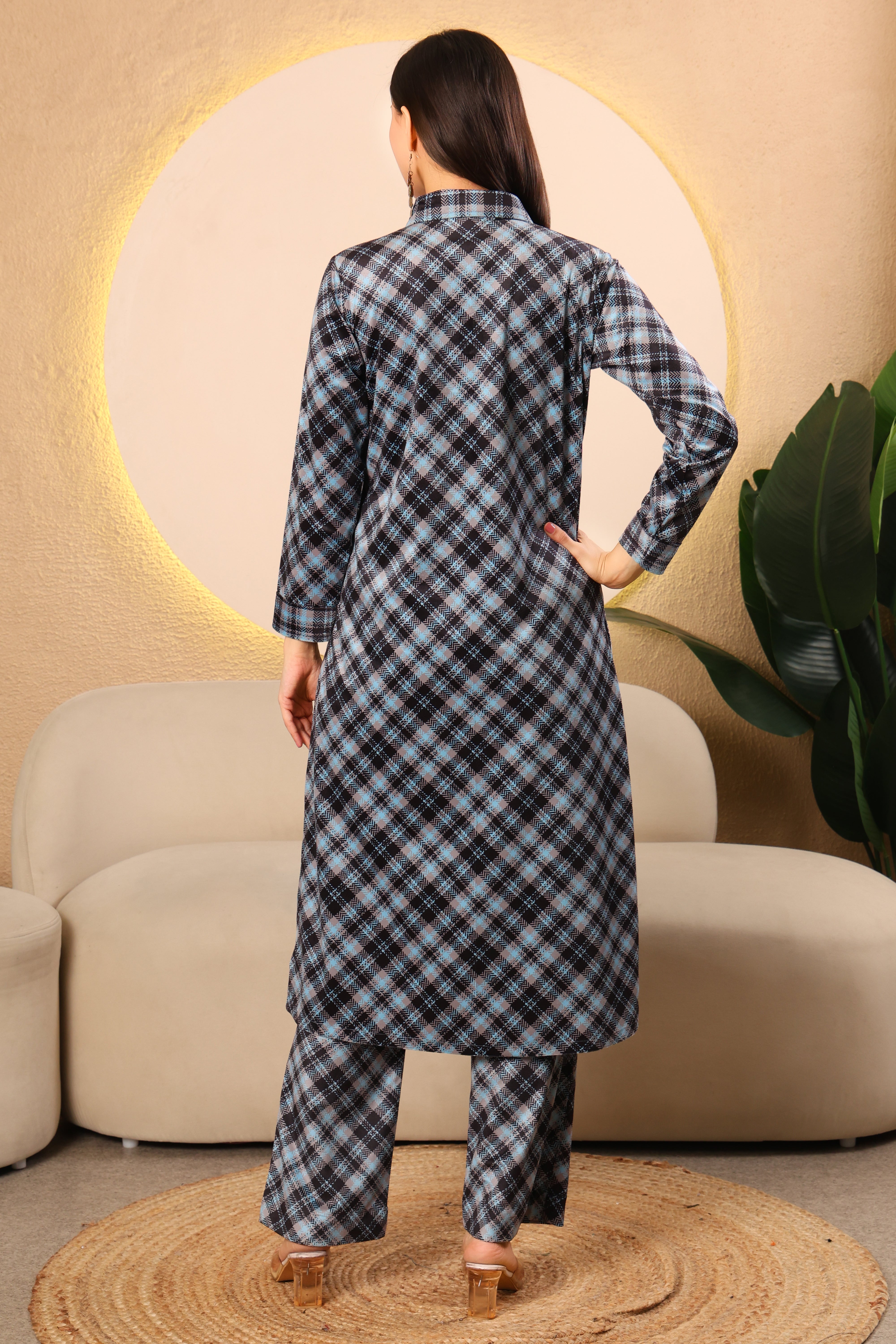 Blue & Black Checked Cotrise Kurta Set