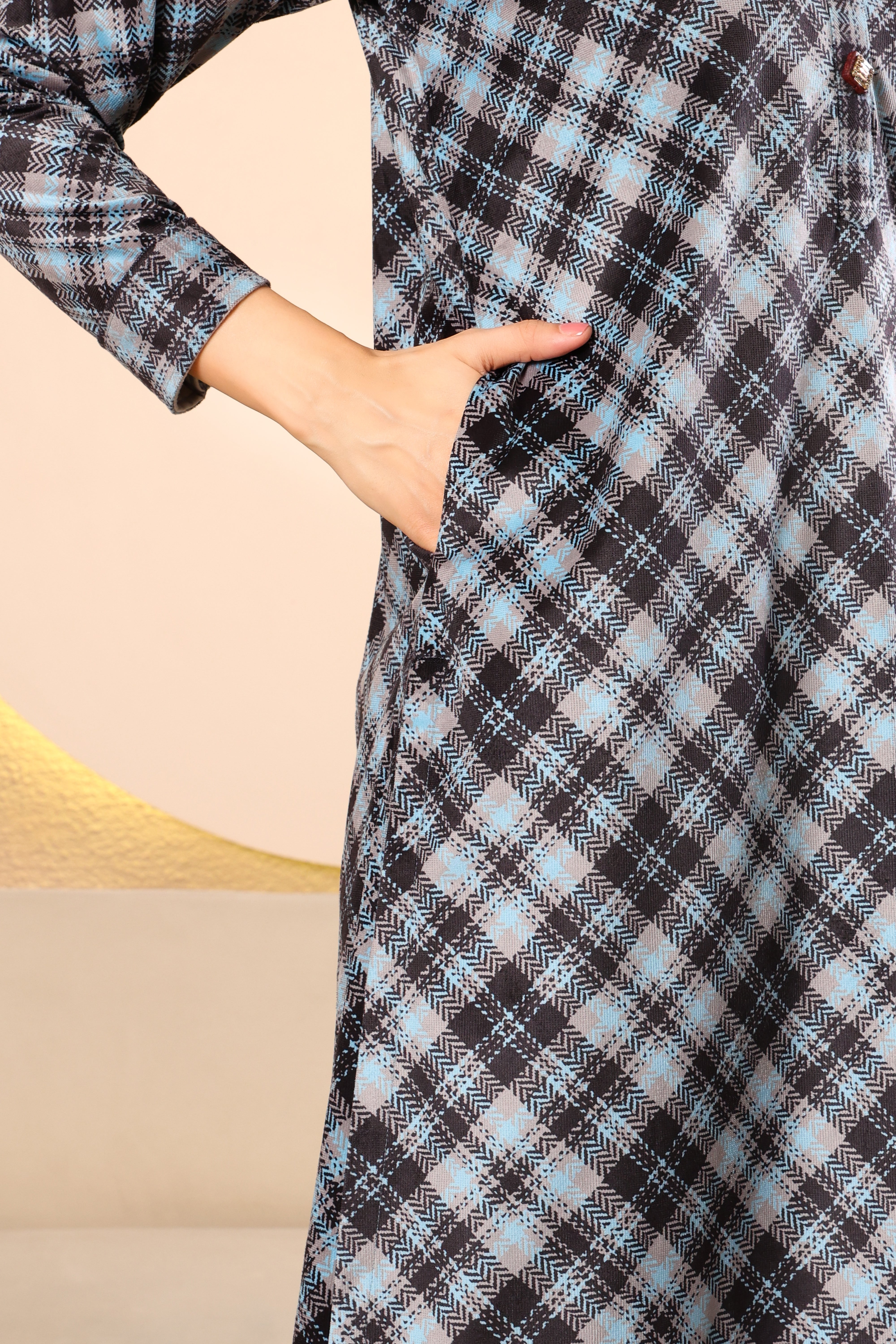 Blue & Black Checked Cotrise Kurta Set