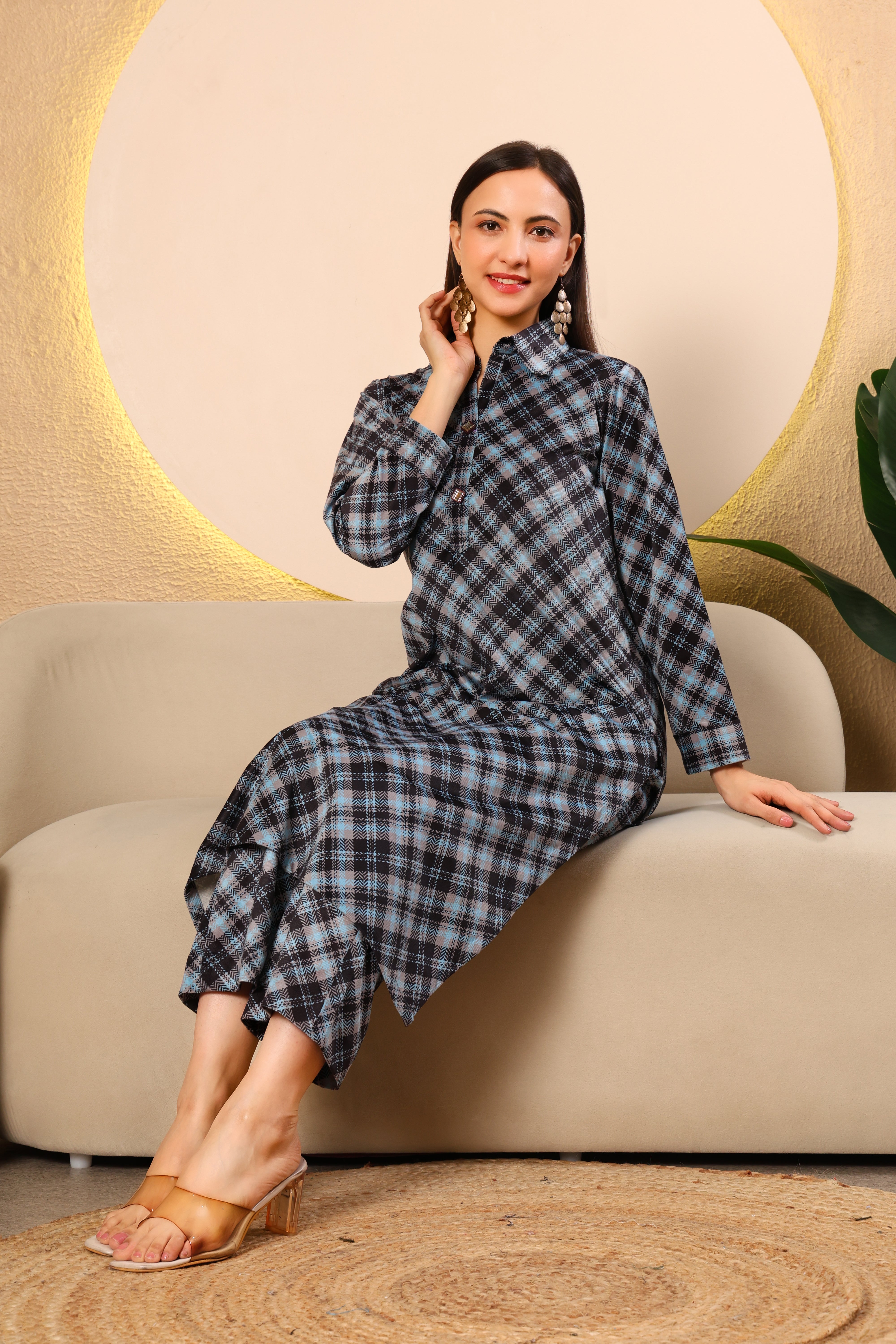 Blue & Black Checked Cotrise Kurta Set