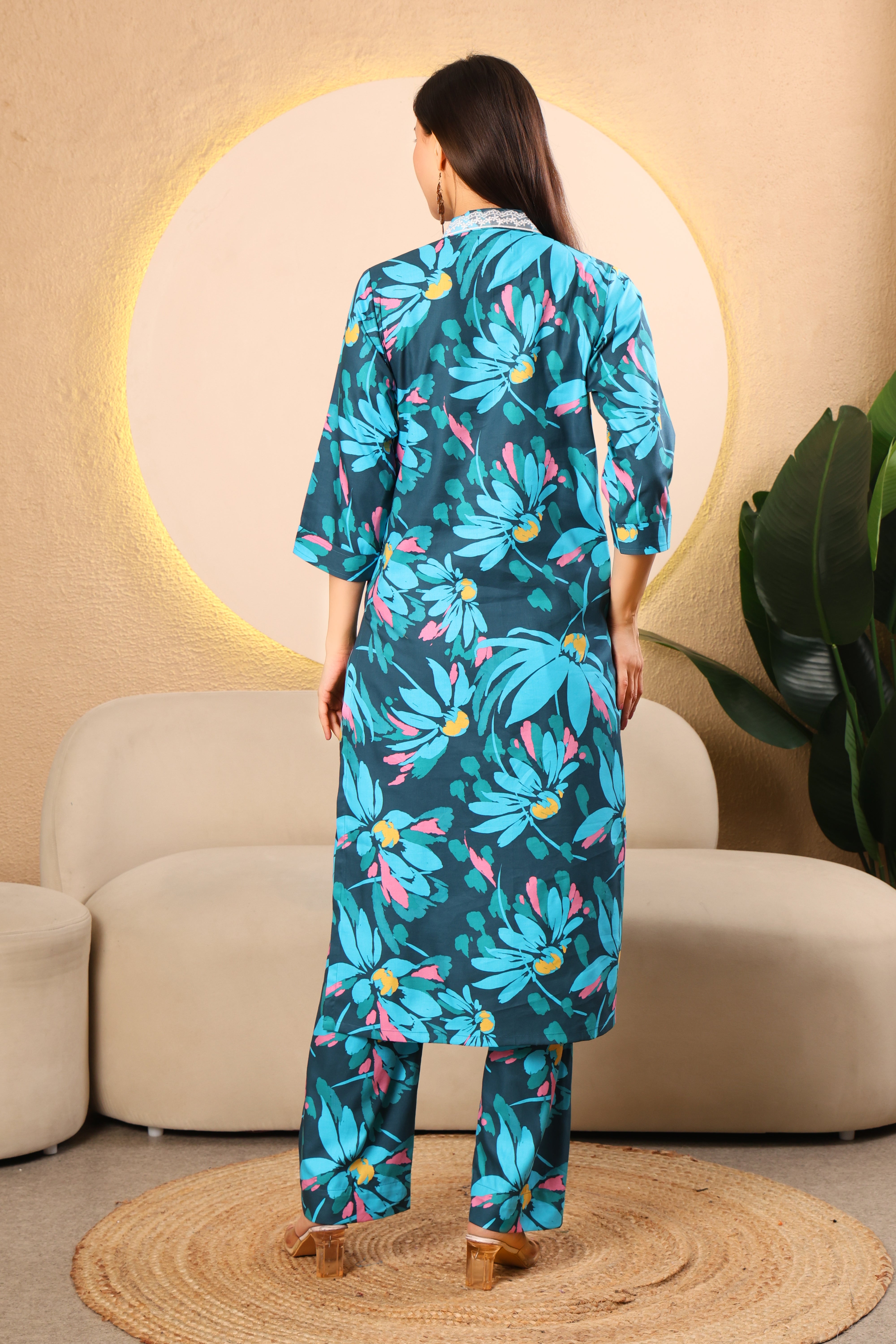 Teal Floral V-Neck Cotton Kurta Set