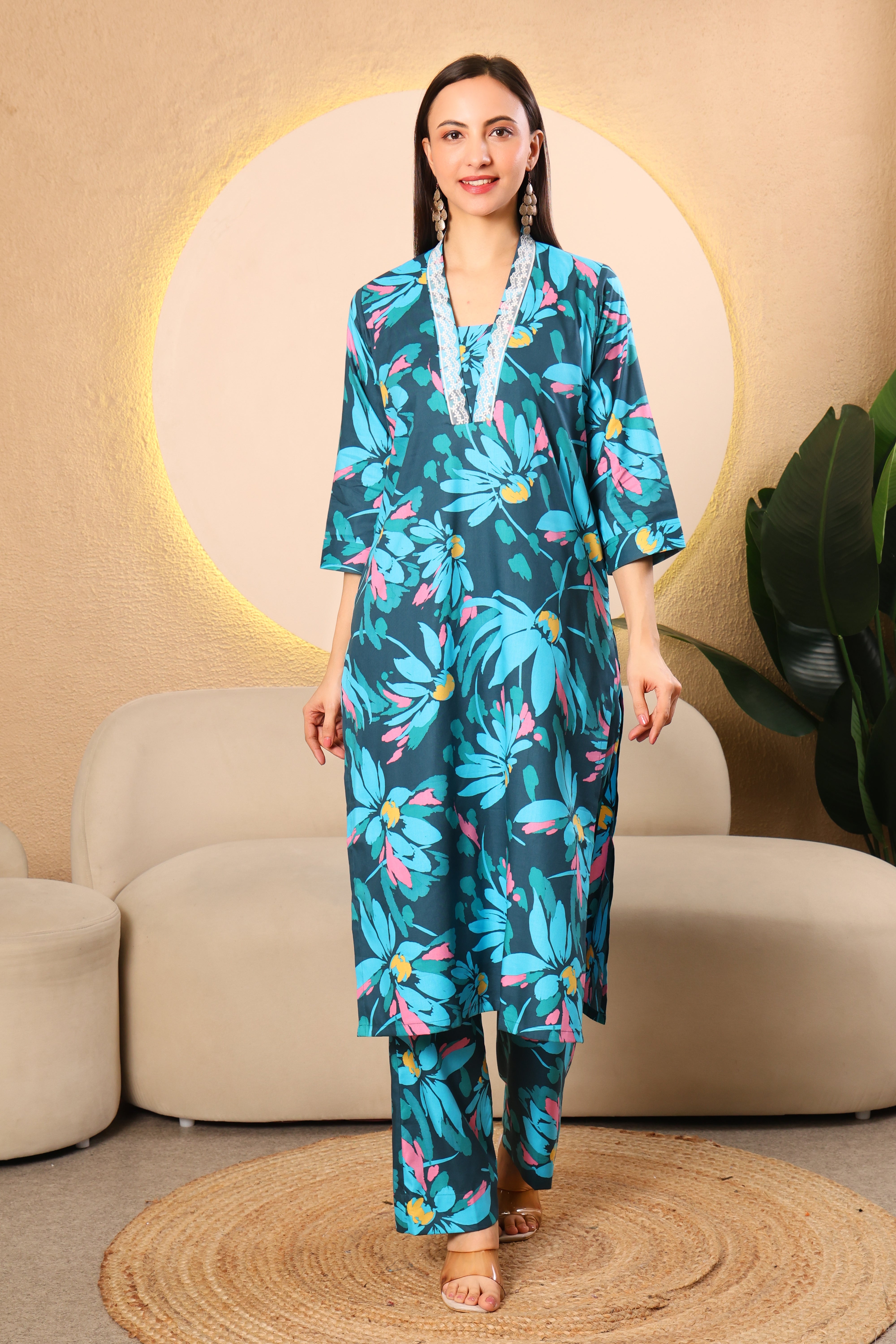 Teal Floral V-Neck Cotton Kurta Set