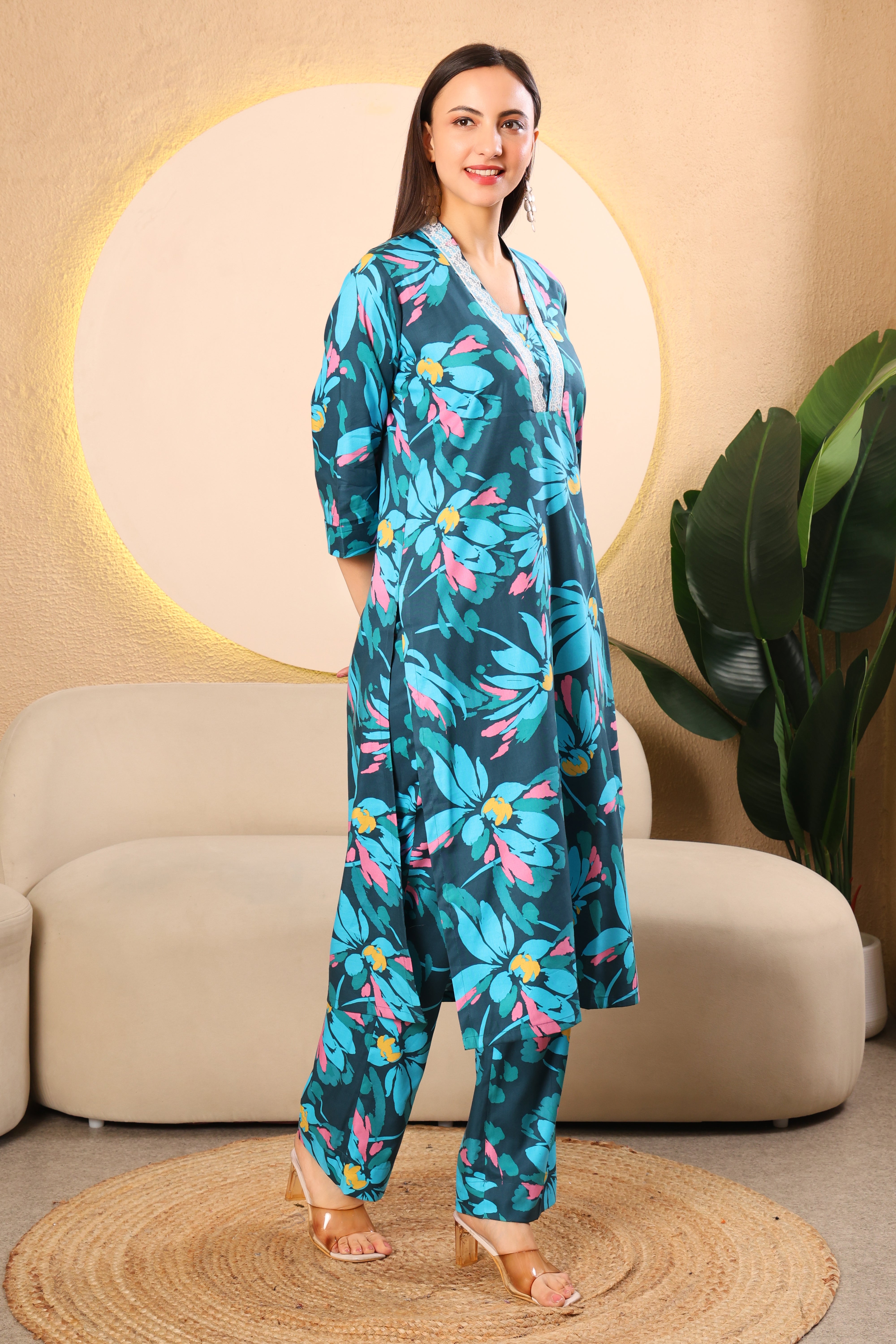 Teal Floral V-Neck Cotton Kurta Set